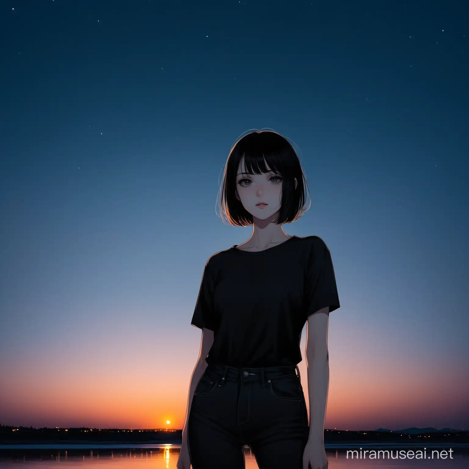 DarkHaired Woman in Black Jeans and TShirt Stands Against Summer Vorkuta Night