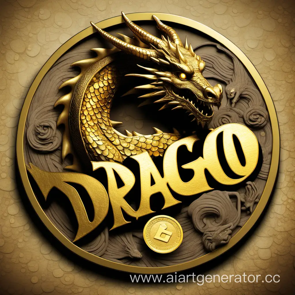 древний дракон с золотой чешуей, держит большую золотую монету с надписью DRAGO

 