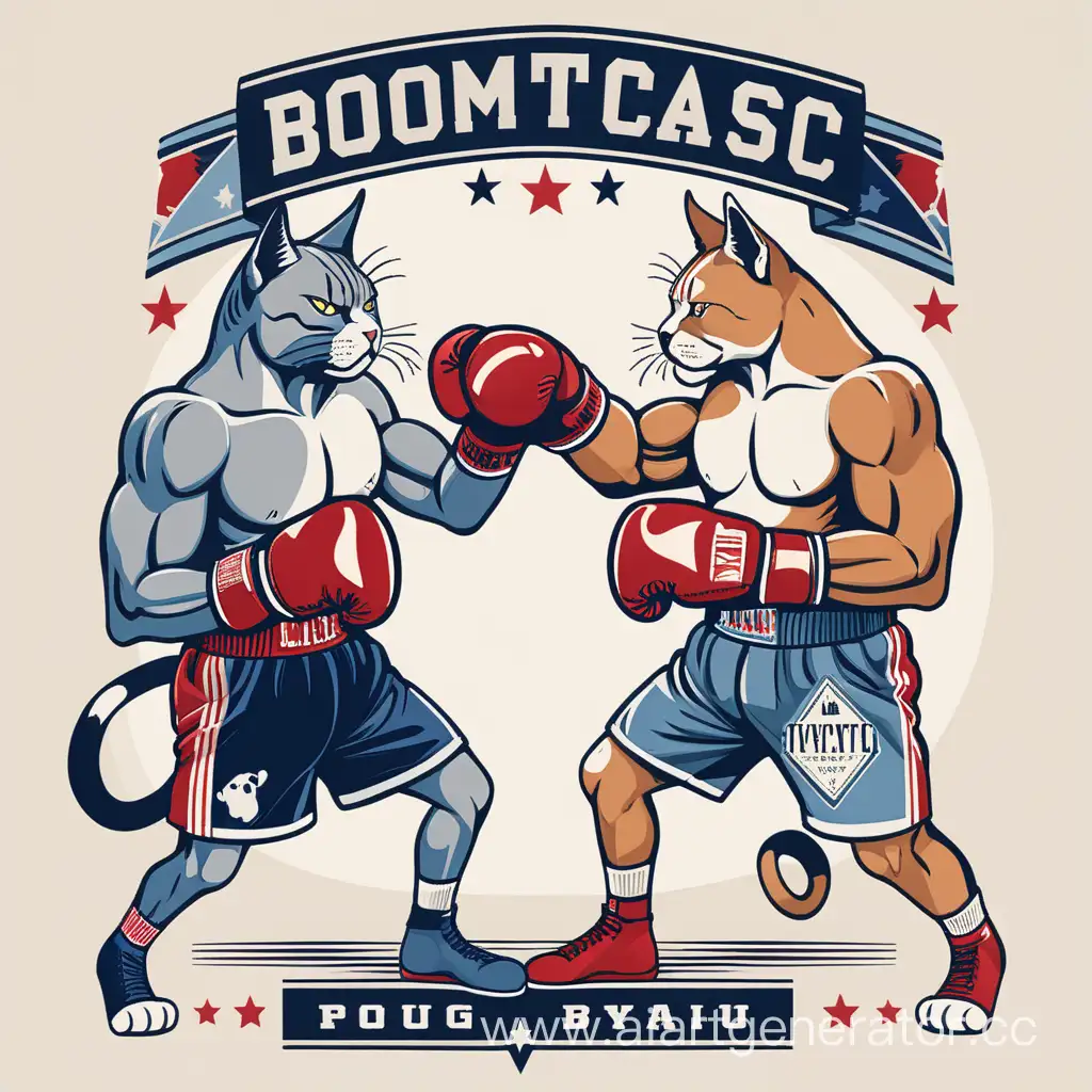 Design a t-shirt with a logo boxing poster aesthetic, showcasing a fierce cat and dog ready for a showdown.