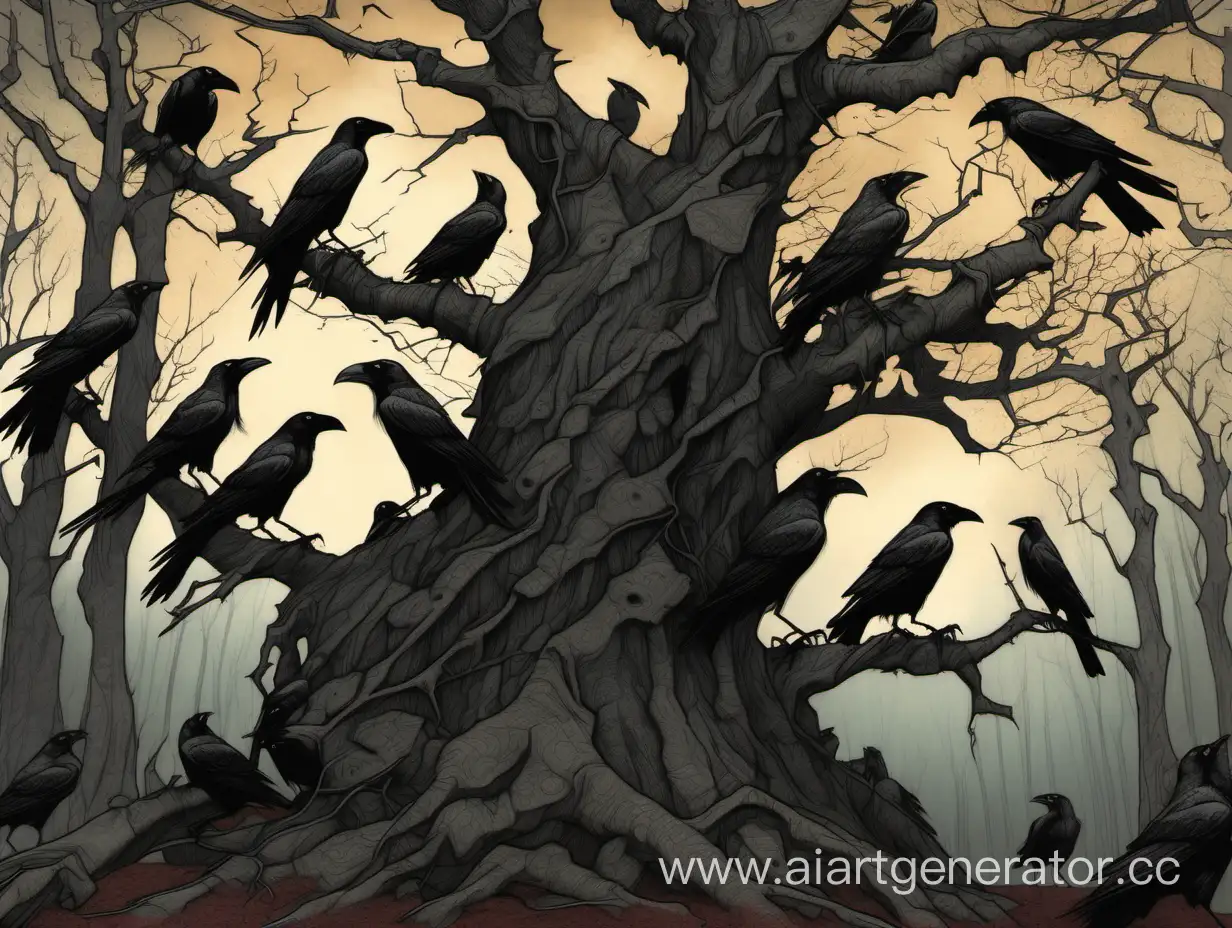 Eerie-Evening-Scene-Flock-of-Crows-Perched-on-Gnarled-Tree-Under-Stone-Wall