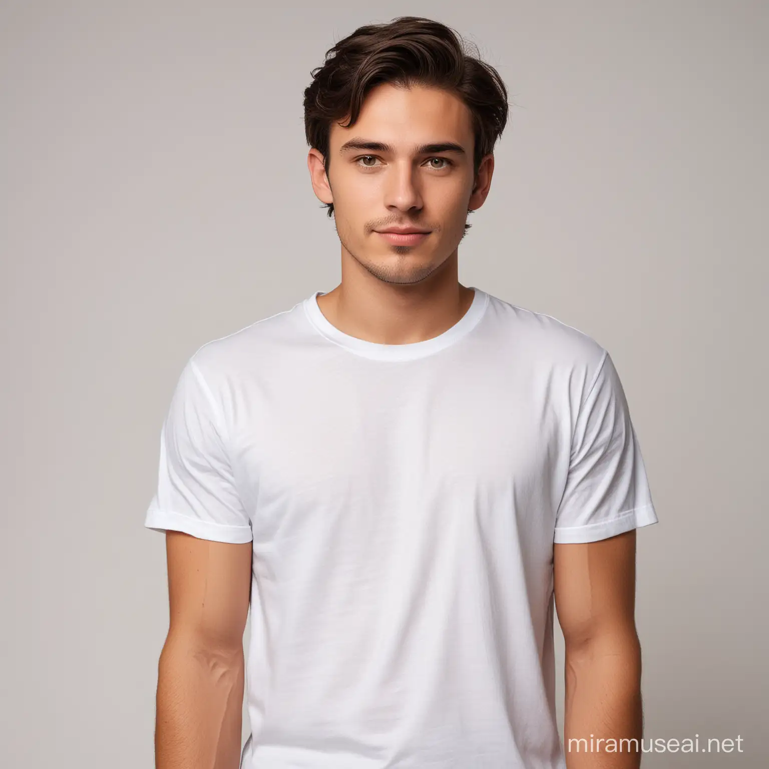 Young Adult in Plain White TShirt Against Light Background
