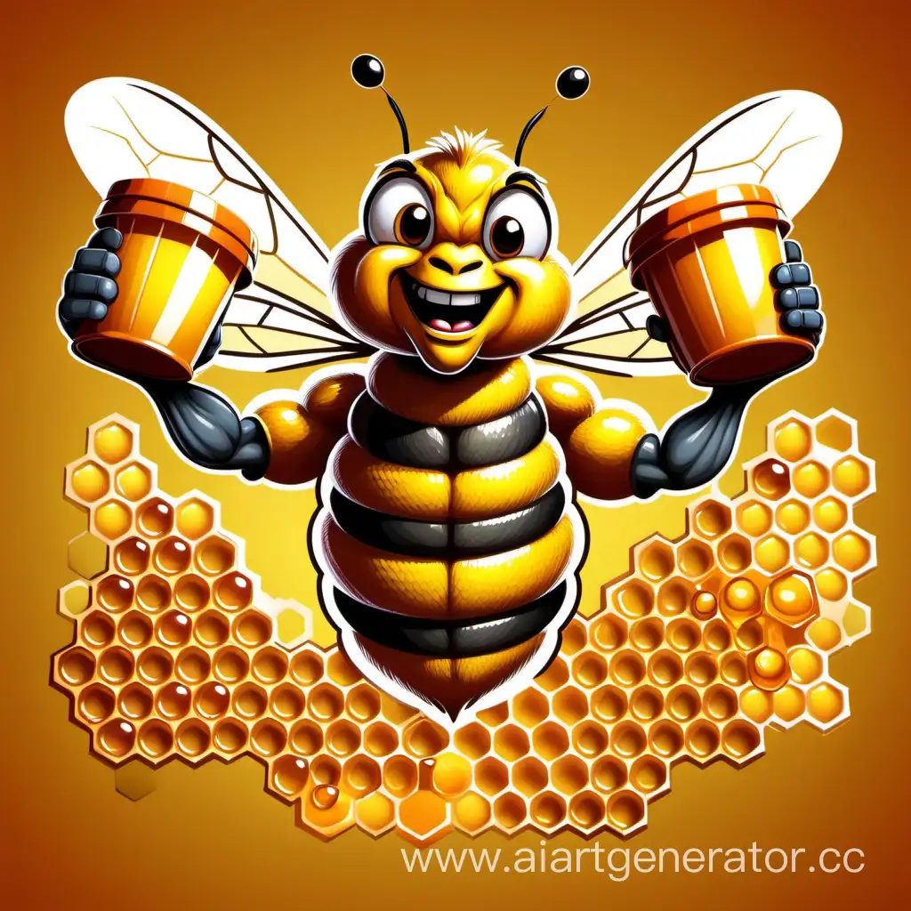 Muscular-Cartoon-Bee-Carrying-Honey-Buckets-in-Honeycomb-Landscape
