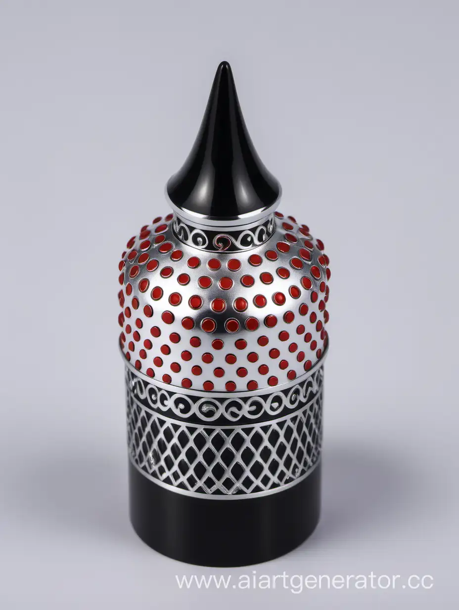 Zamac-Perfume-Decorative-Ornamental-Long-Cap-in-Pearl-White-and-Black-with-Matt-Red-and-White-Border