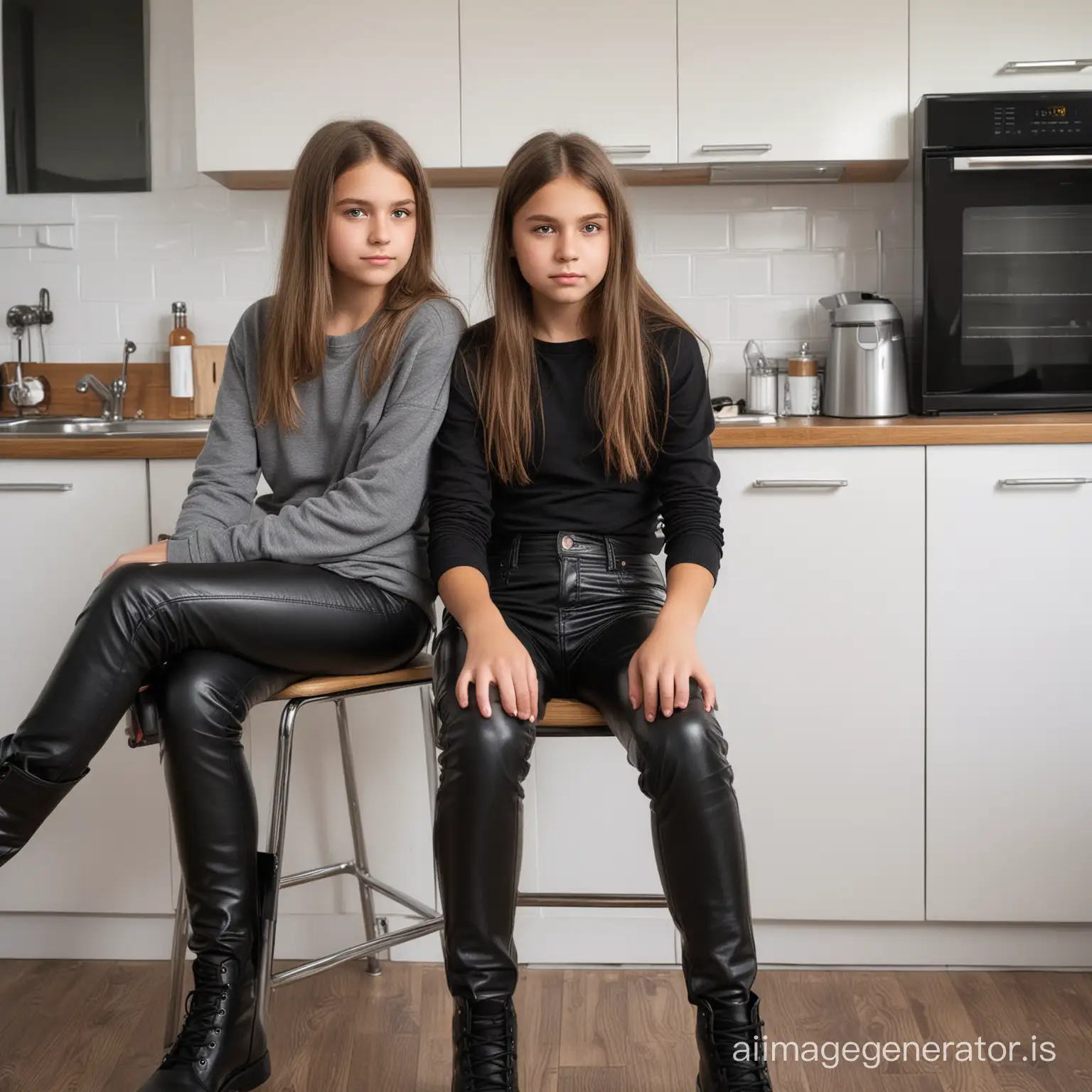 real photo of two girls,13 years,sitting on a chair,tight black leather pants,stern face,kitchen