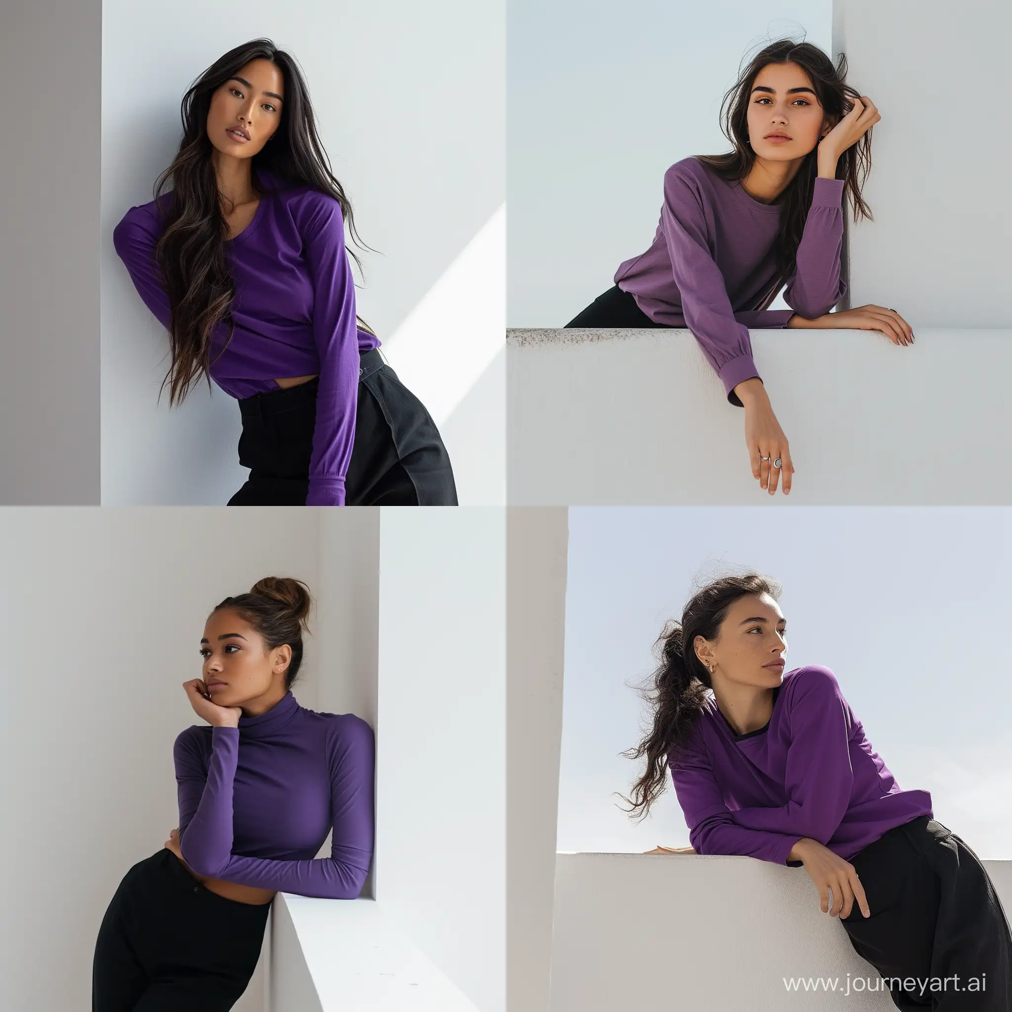 women in purple long sleeve shirt and black pants leaning on white wall