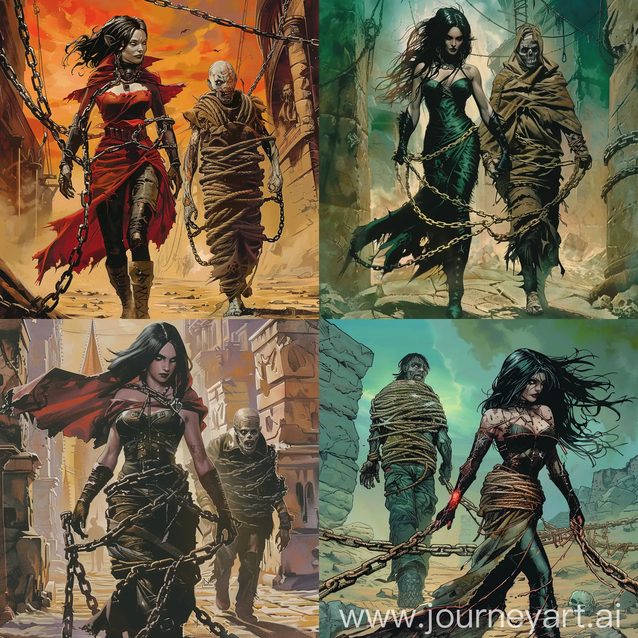 female vampire walking a male zombie wrapped in chains through innistrad comic book art