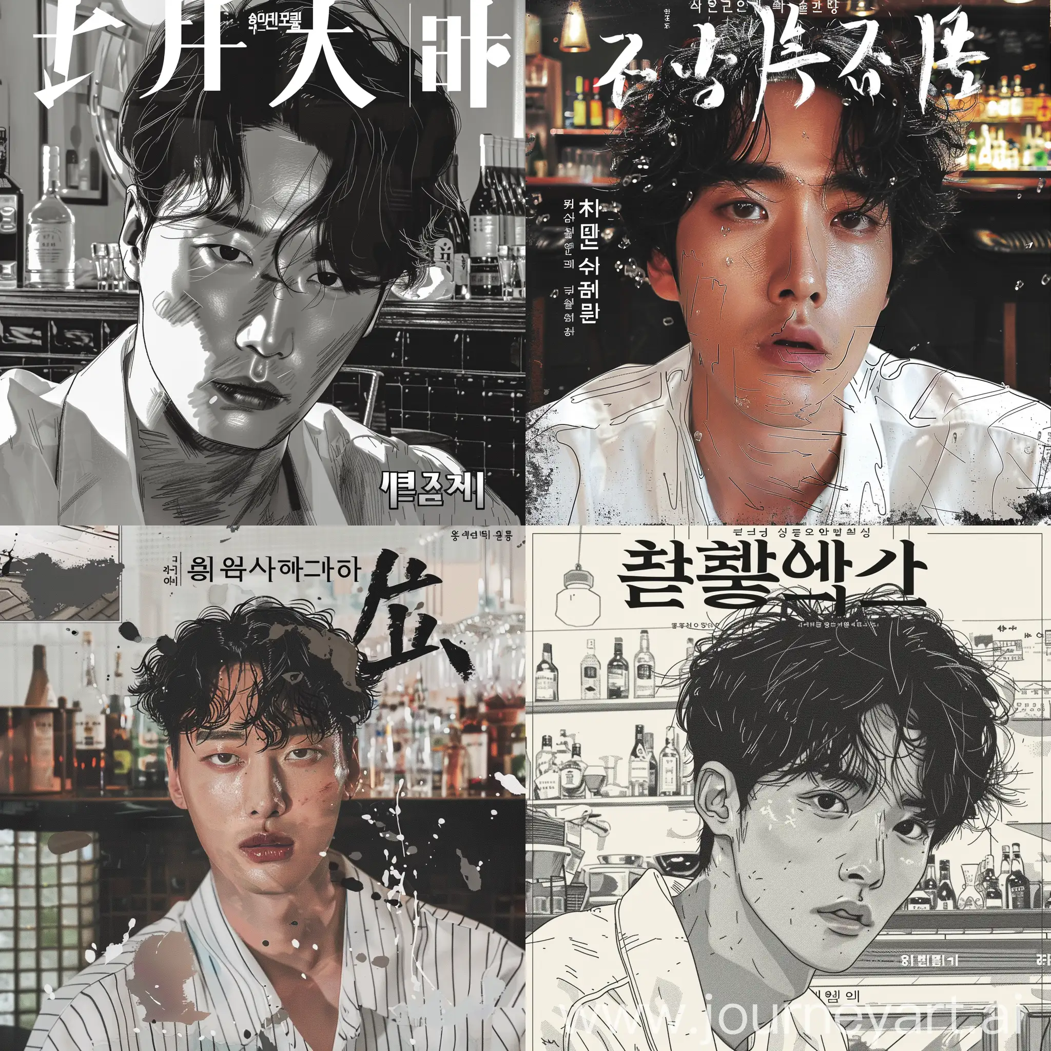The magazine cover displayed the fashion model looking to the camera with strong gaze.  The cute Korean male fashion model is dress up in minimal theme with white and black color palette in rough line. There is a magazine title "เรนโอเมก้าสายบู๊" at the top of this poster. In the background is the urban city bar.. Stylish in the style of fashion magazine cover 