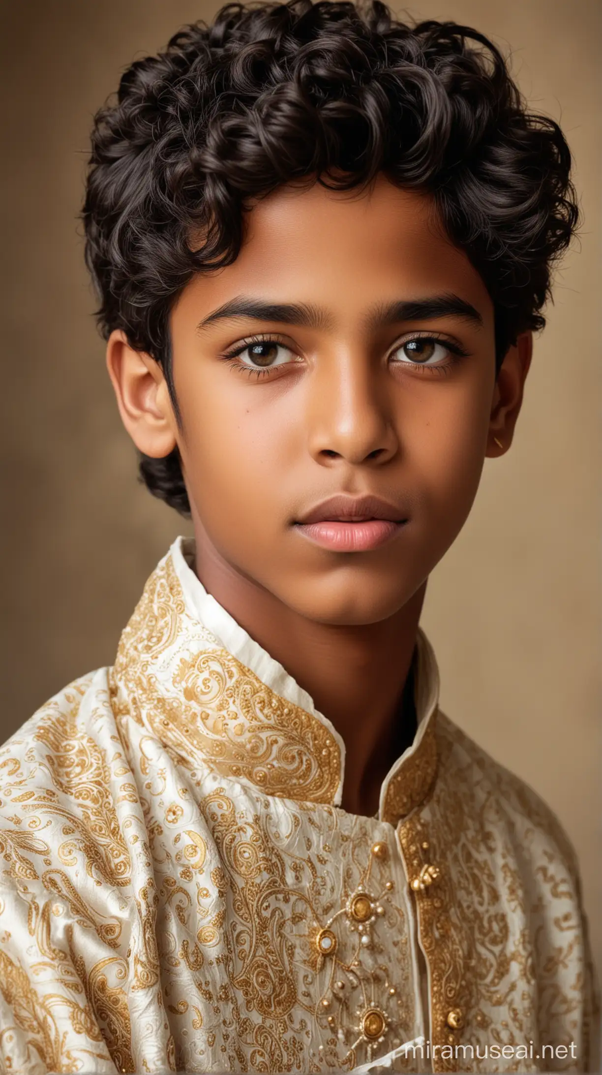 A 12 year old black boy with small eyes, small lips, straight nose, strong jawline and short curly side burnt black hair wearing an traditional sherwani and dhoti