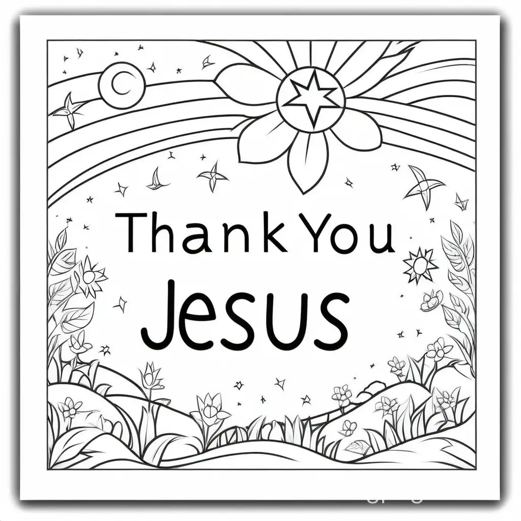 with text THANK YOU JESUS, Coloring Page, black and white, line art, white background, Simplicity, Ample White Space. The background of the coloring page is plain white to make it easy for young children to color within the lines. The outlines of all the subjects are easy to distinguish, making it simple for kids to color without too much difficulty