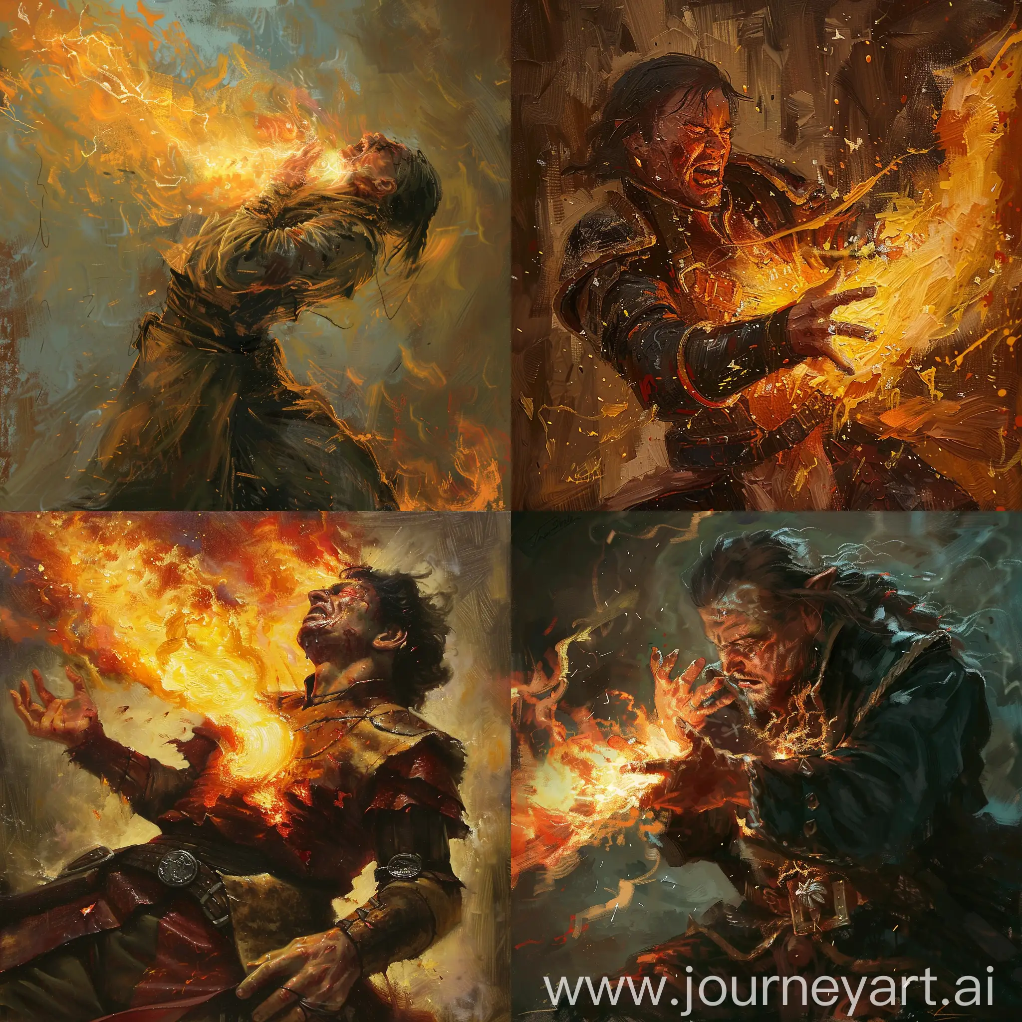Battlemage in pain, as they use fire magic to cauterize a wound.
In the art style of Terese Nielsen oil painting