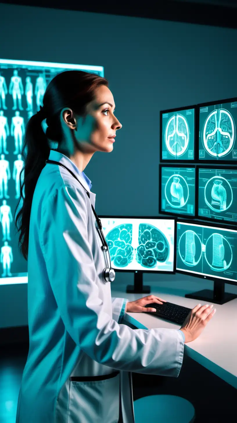 Photo of a female doctor looking at the computer where there is human digital twin shown. The room is filled with bright warm light. Please use the color of light teal
