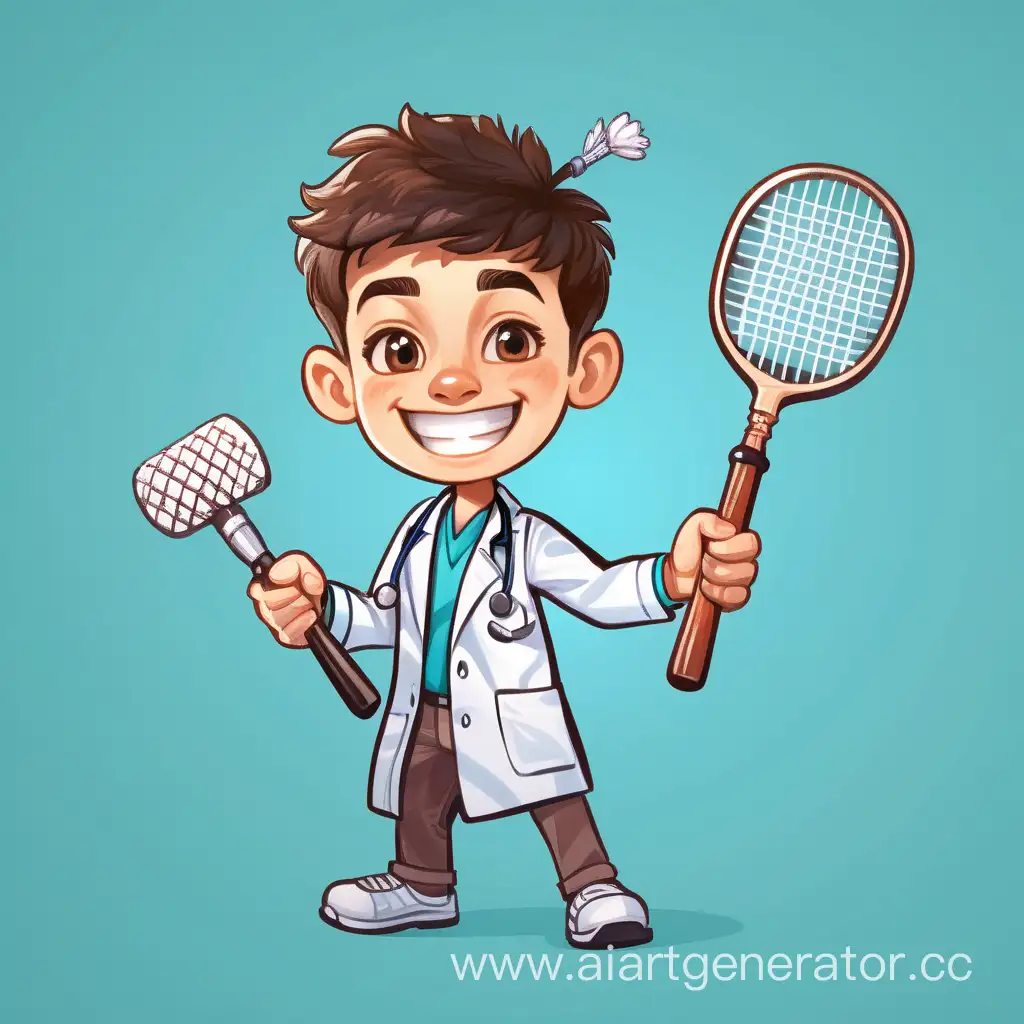 Cheerful-Young-Doctor-Playing-Badminton-with-Caricature-Hammer