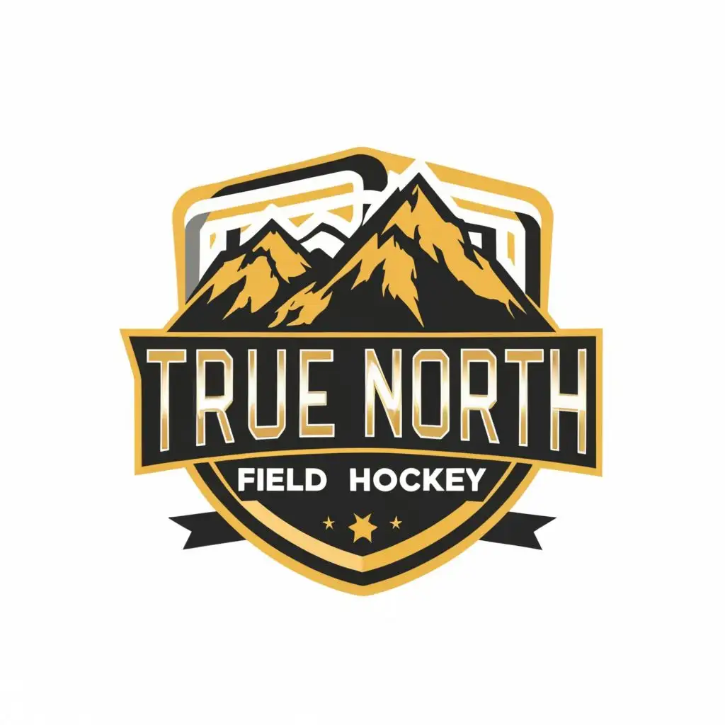 logo, mountains 
black 
gold 
, with the text "True North Field Hockey", typography, be used in Sports Fitness industry