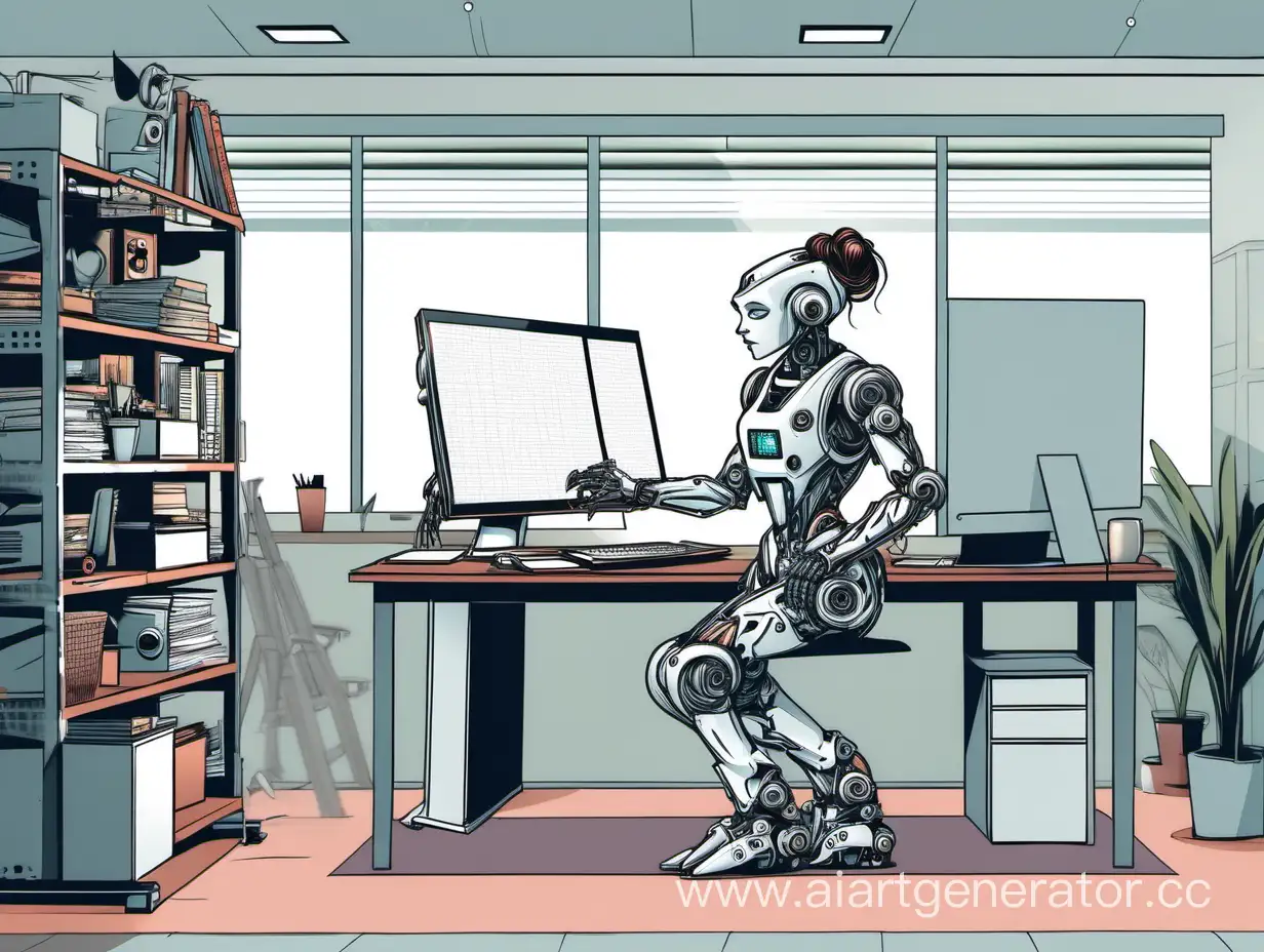 A full-length robot girl works at a computer in the office of a graphic designer