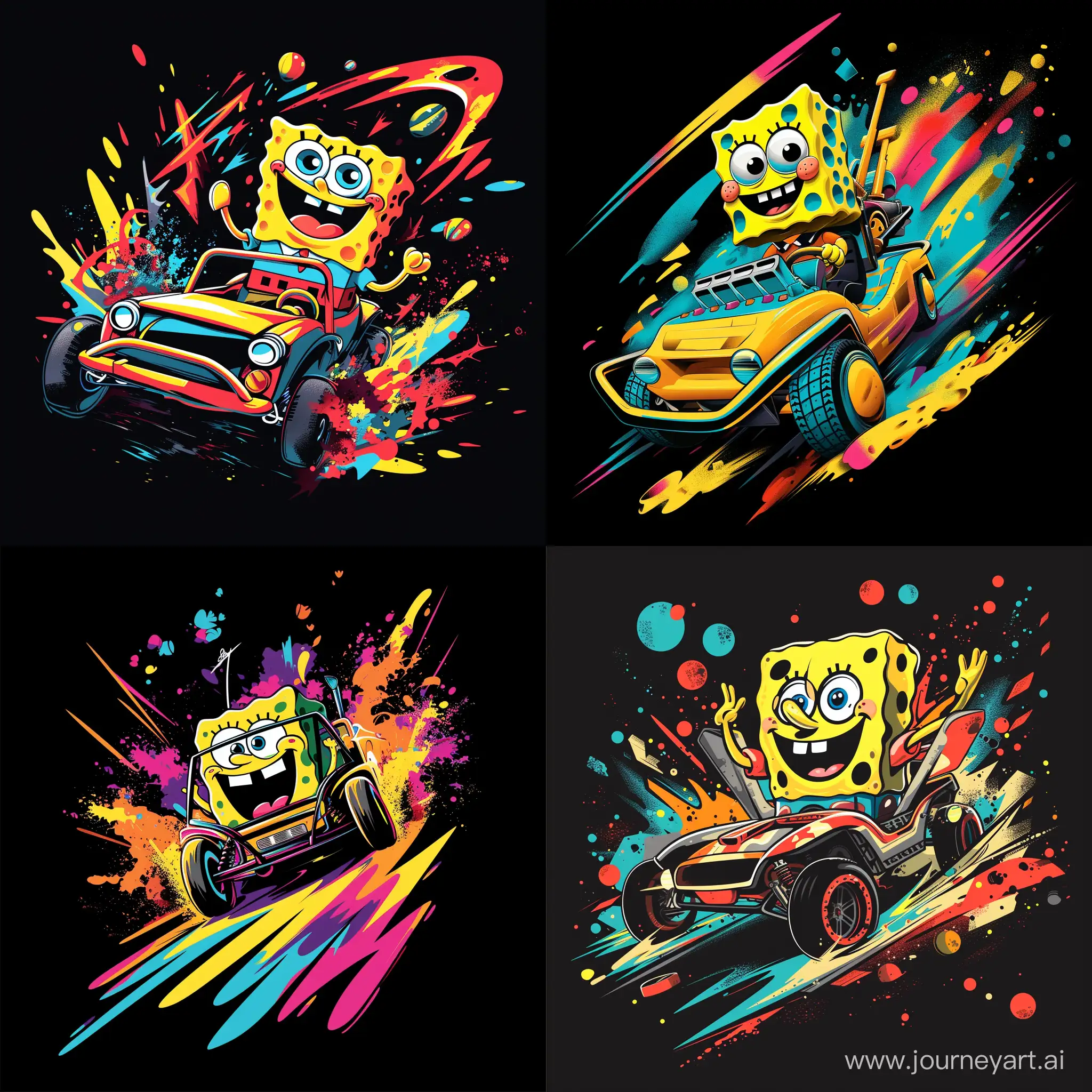 spongebob Emoji driving a dune buggy , tailored for t-shirt art. The design combines 3D vector art with bright, bold, colorful elements against a black background,