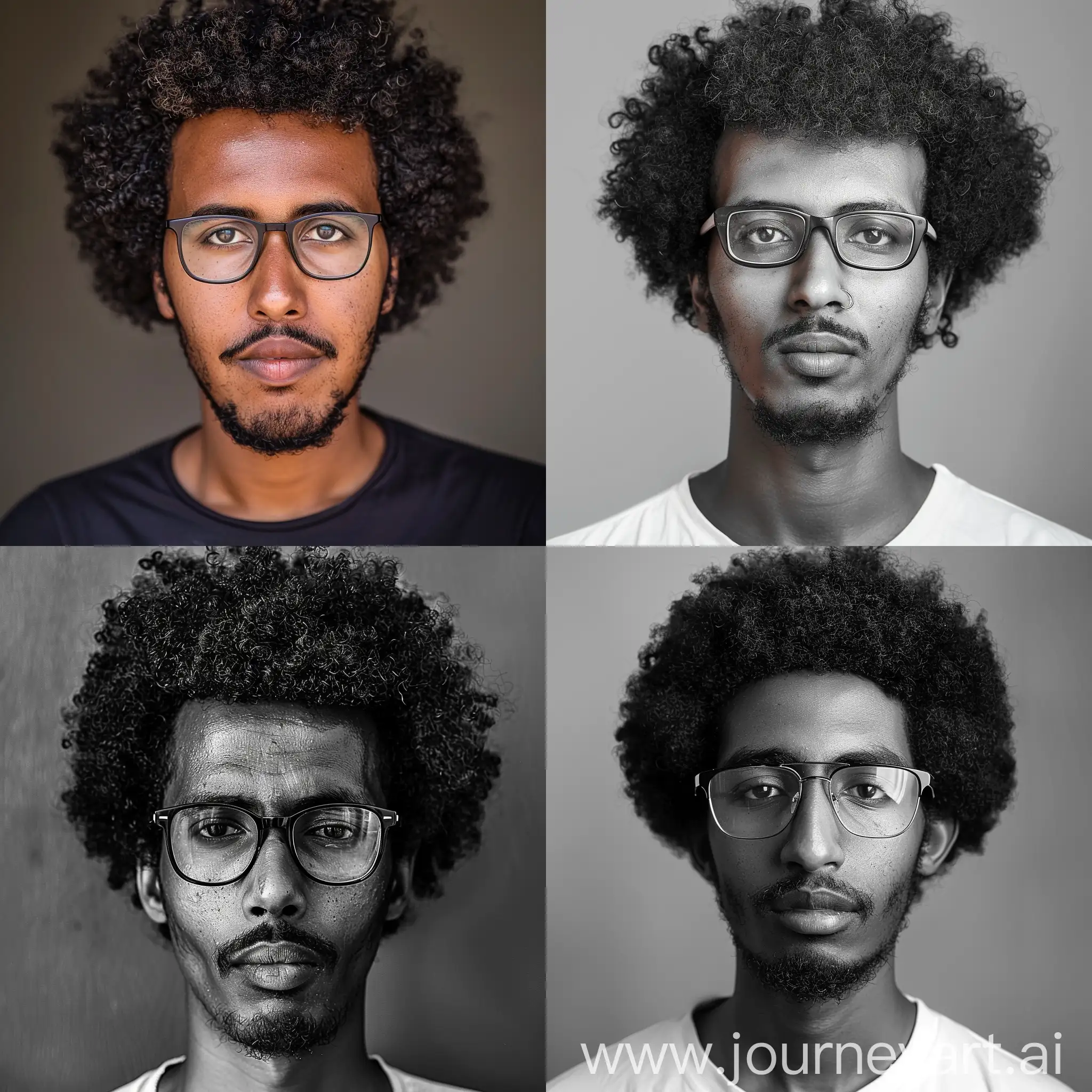 somalian man with a hook nose, and curly medium sized afro. dark but not very dark skin, rectangle  glasses. Chubby body frame, slighy pronounced jaw. 