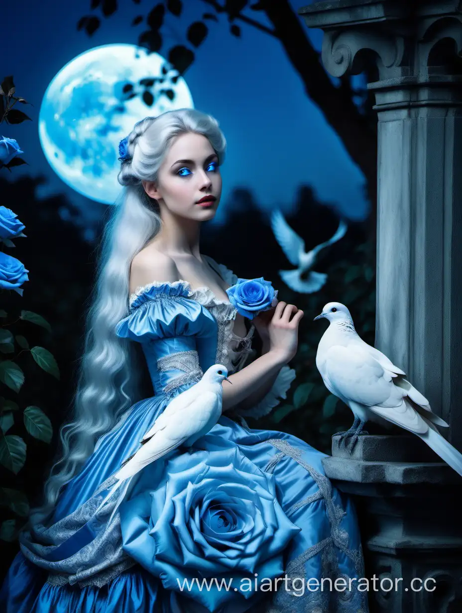 Красивая молодая женщина, волшебница, луна, голубые розы, светлая кожа, голубые глаза, белые волосы длинные, рококо, барокко, голубое платье 18 века, голубое свечение, на фоне ночной сад,белая горлица сидит на плече 