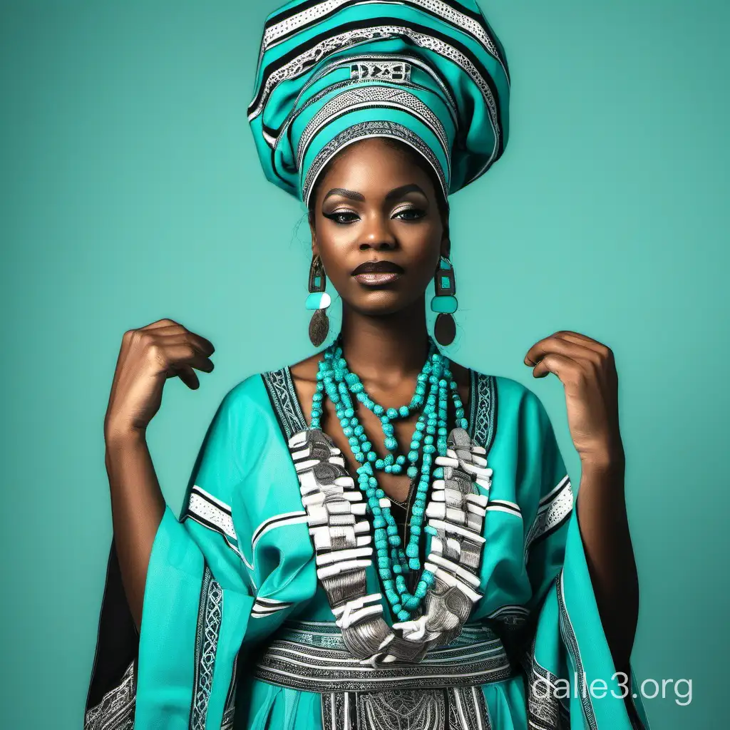 black woman wearing traditional clothes in turquoise and white colors