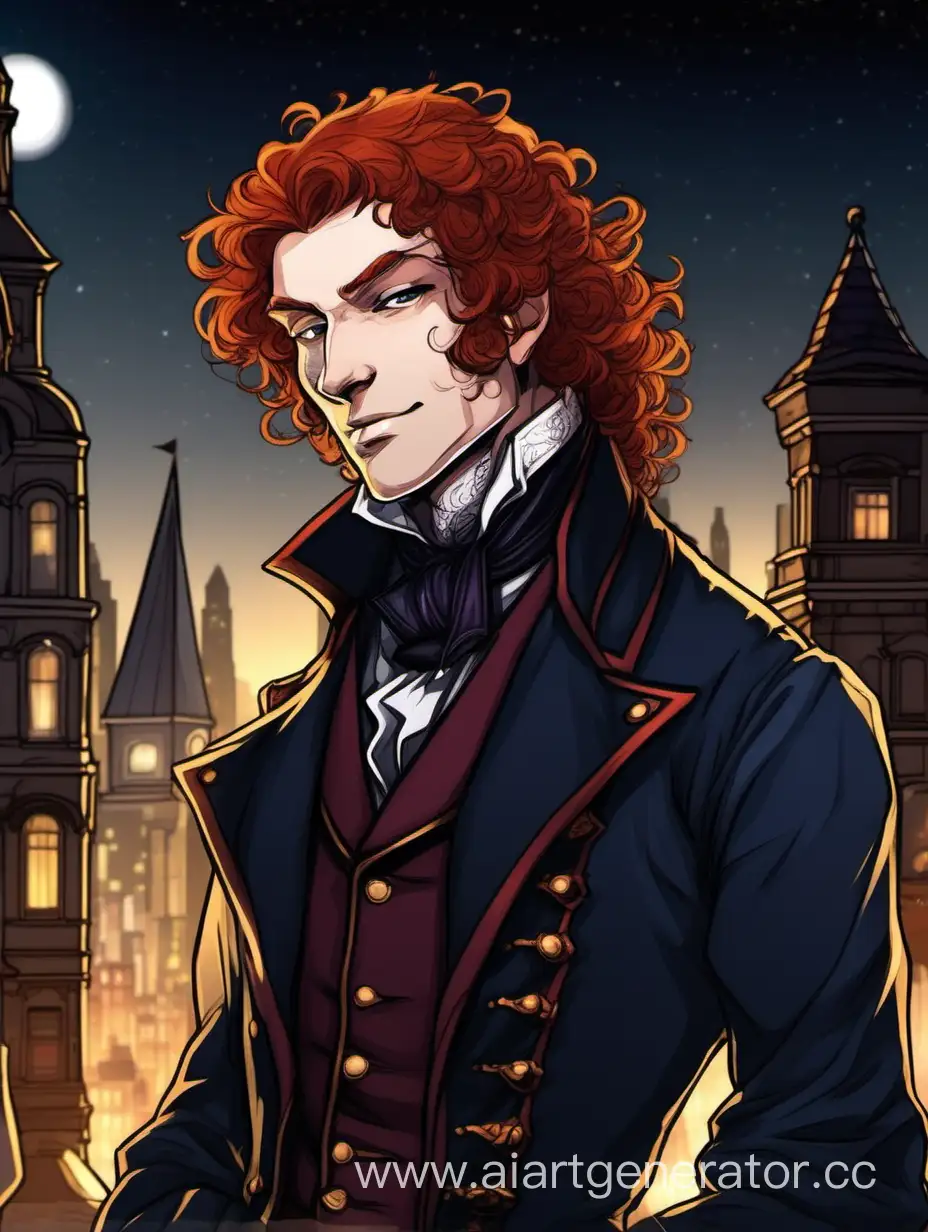 Человек из знатного рода, плут. кучерявые рыжие волосы, ДНД стилистика. бороды нет,  бакенбарды, на фоне ночной город викторианской эпохи
