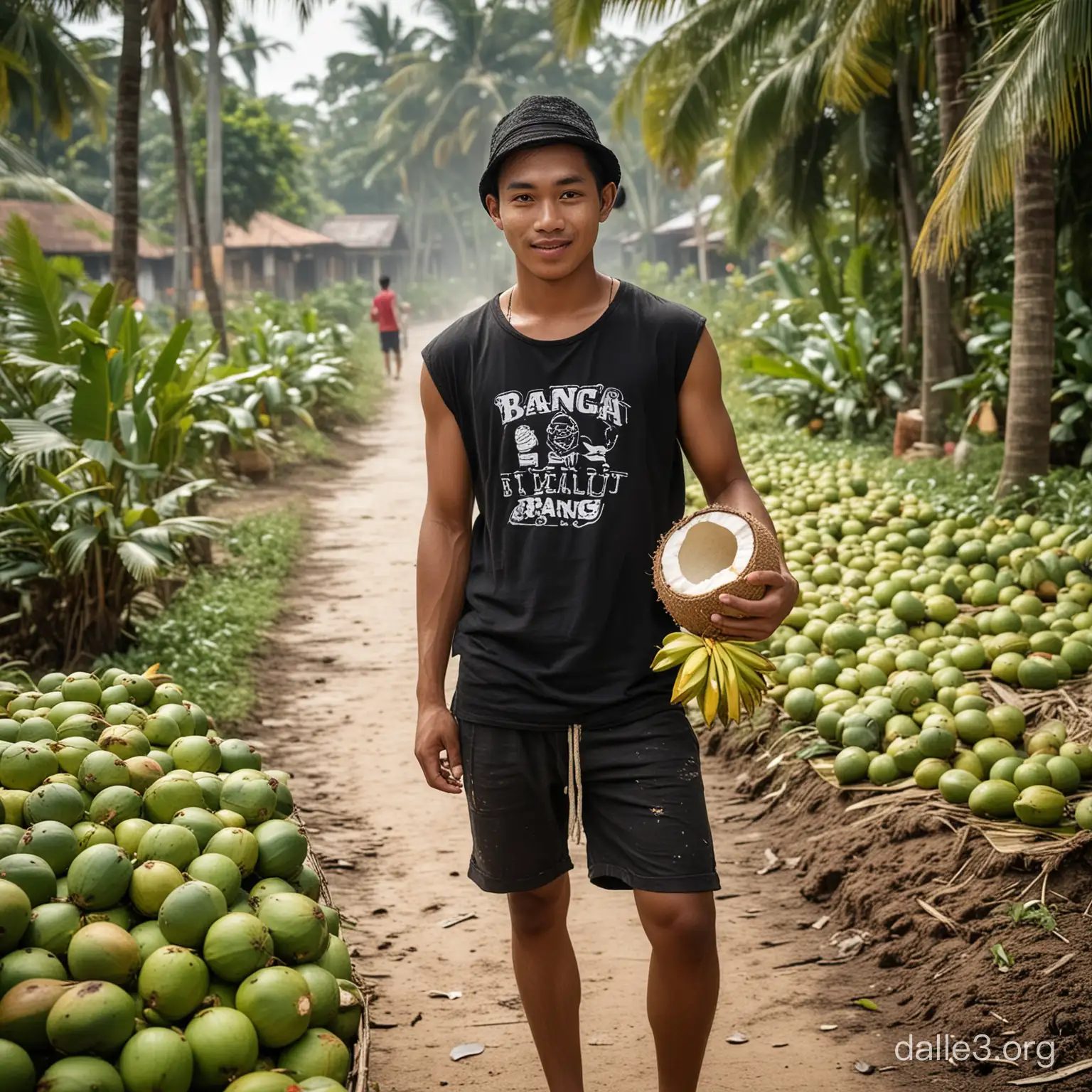 photography, Indonesian man 20 years old,little chubby face wearing a black t-shirt that says “BANG ABIL” shorts, flip-flops, wearing a pickpocket hat, white towel around his neck, standing while selling young coconuts already split, right hand holding coconut while lifting the camera, left hand holds the clear glass cup filled with iced tea, looks original, foreground of the cart real looking, professional photos, elaborate design, UHD