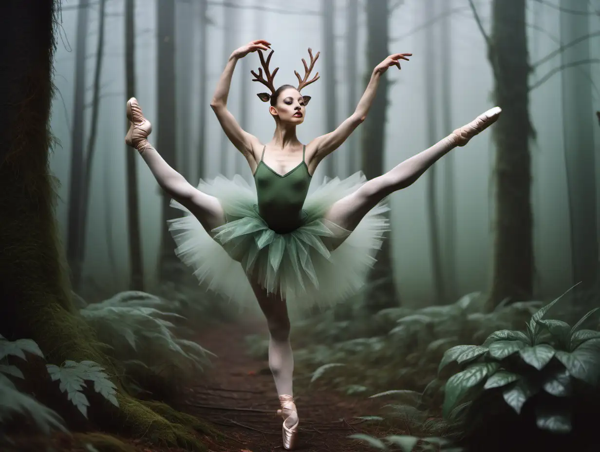 ballerina dressed like a forest creature, in a misty forest