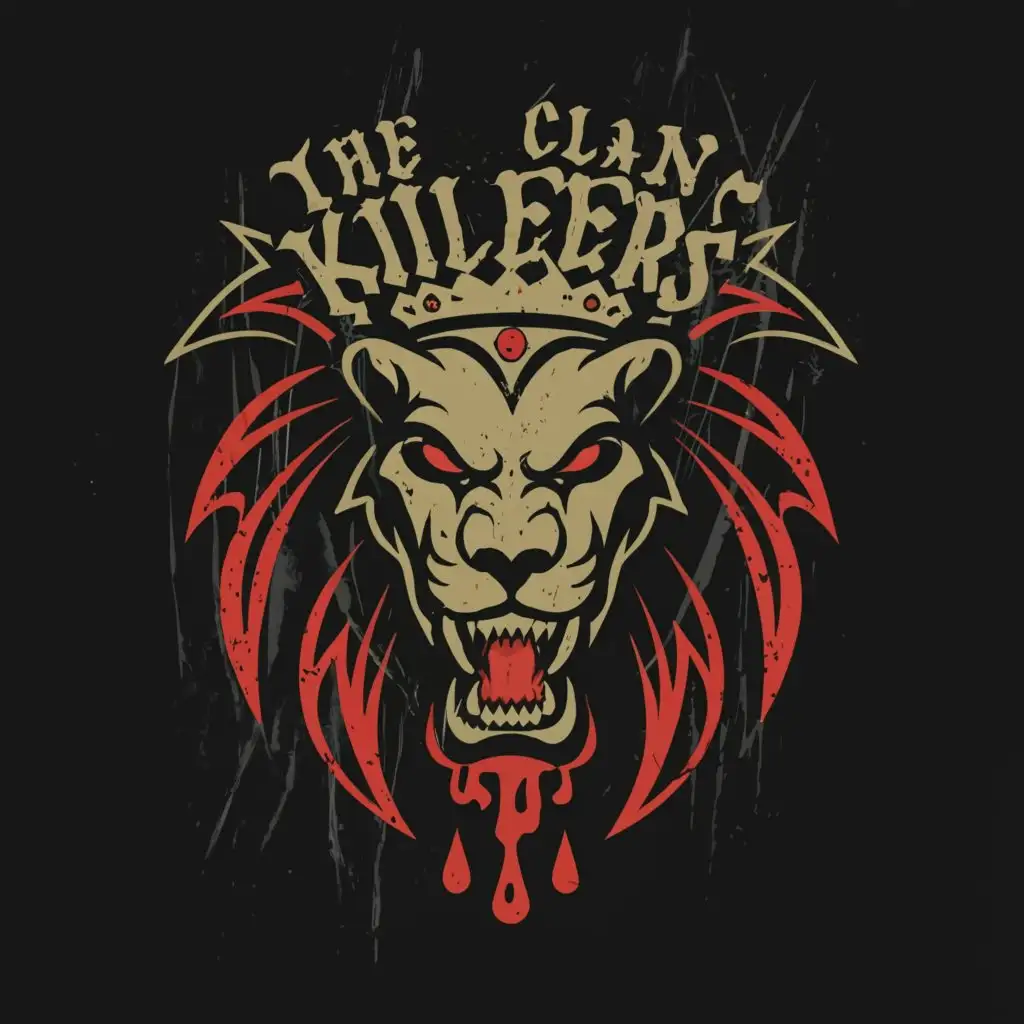 a logo design,with the text "The Clan Killers", main symbol:Lion skull wearing crown dripping blood. With team name,complex,clear background