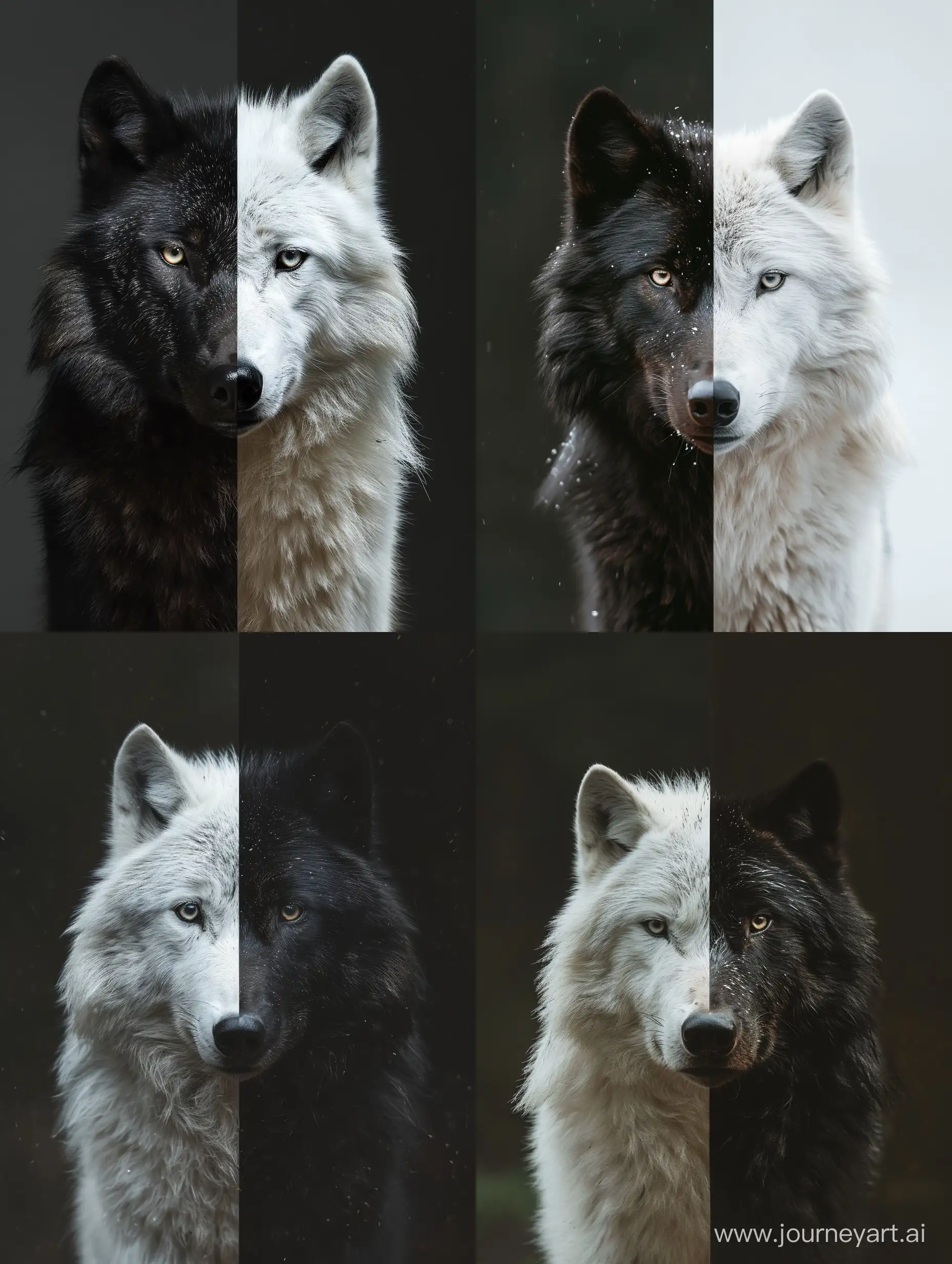 A photo with ahalf of it is a black wolf  with white  backgroundand its other half is White wolf with a black background