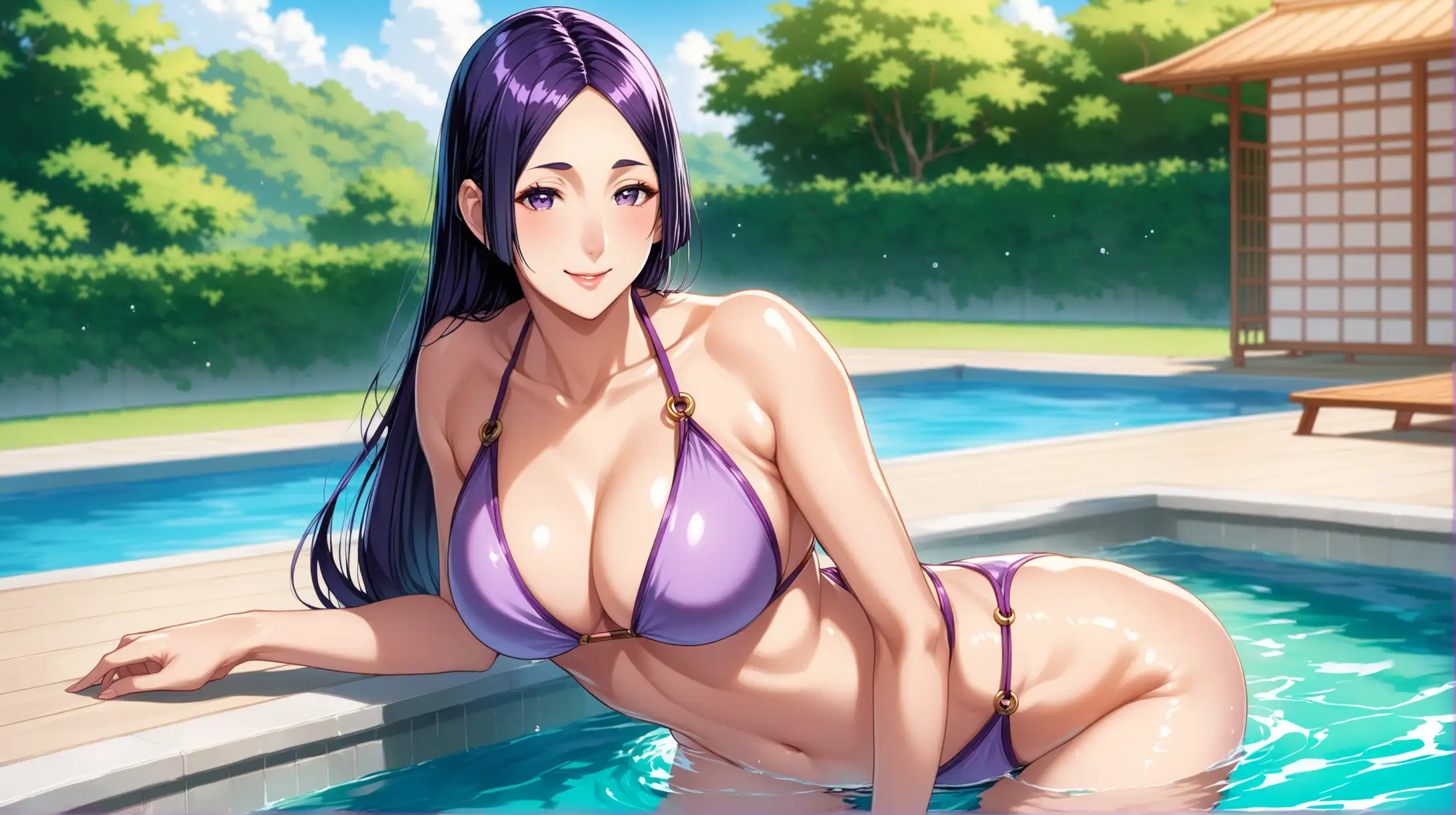 Draw the character Minamoto no Raikou, high quality, natural lighting, long shot, outdoors, swimming pool, seductive pose, wearing a swimsuit, smiling at the viewer