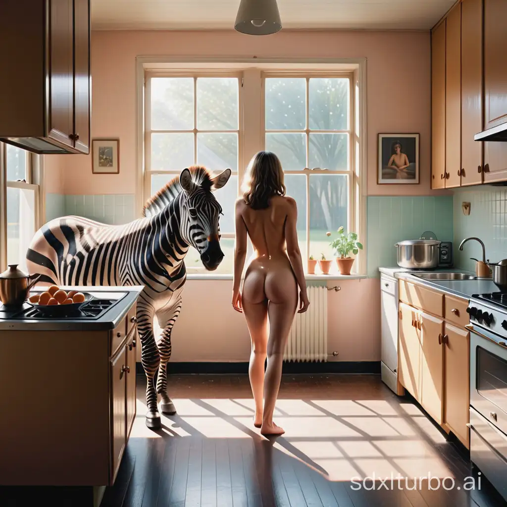 A tame zebra and a nude woman dressed in 1970s clothing isstanding in a kitchen furnished in the style of the 1970s, light enters through a side window. Style of Gregory Crewdson.