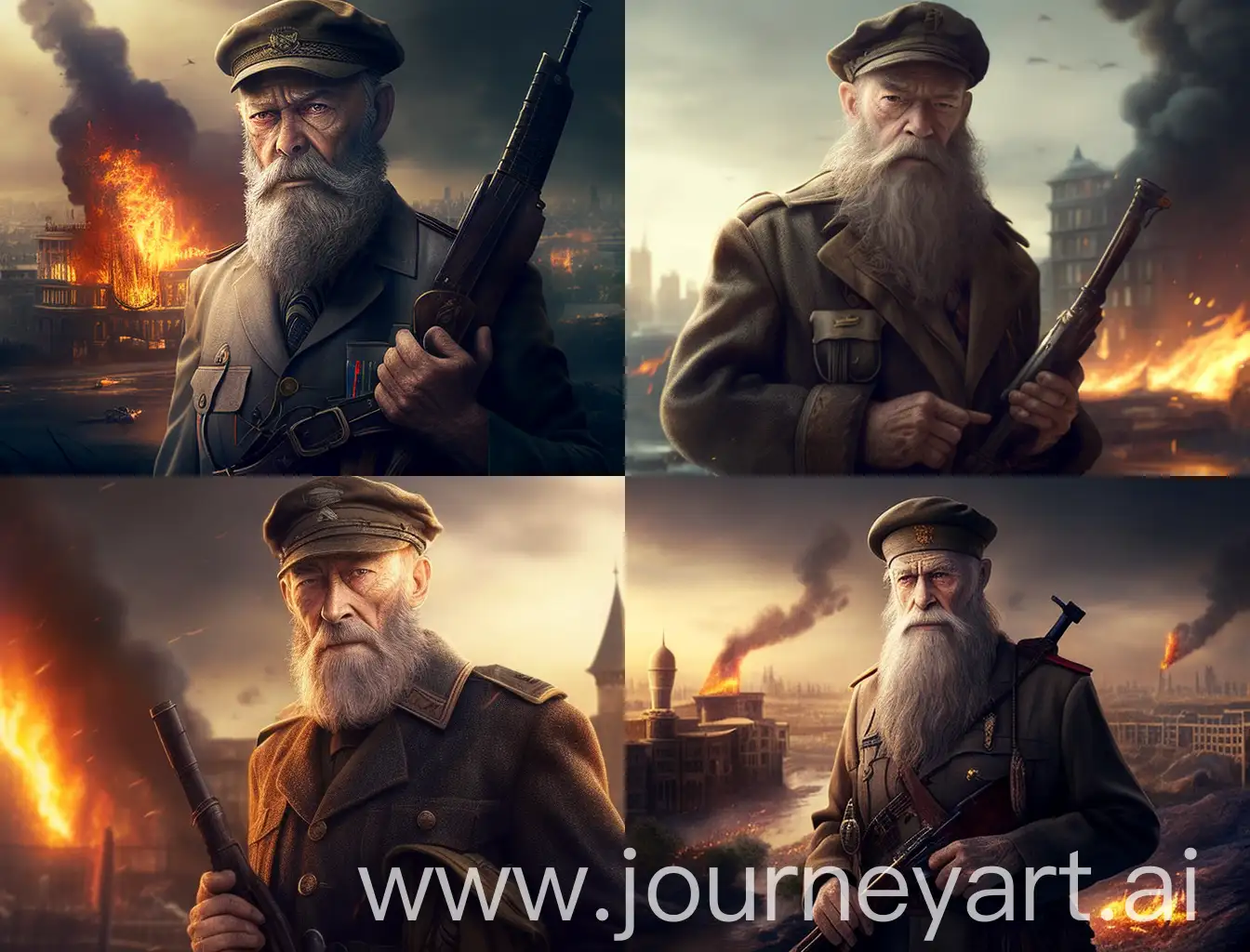 Albus-Dumbledore-in-WW2-American-Military-Uniform-with-Thompson-Gun-in-Burning-Cityscape