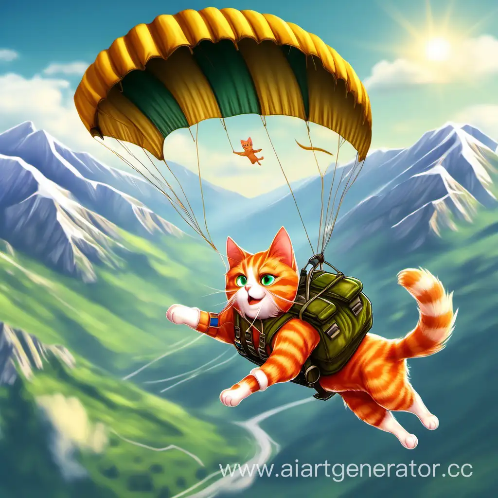рыжий котик летит с парашютом в горах летом на фоне самолета ан-28