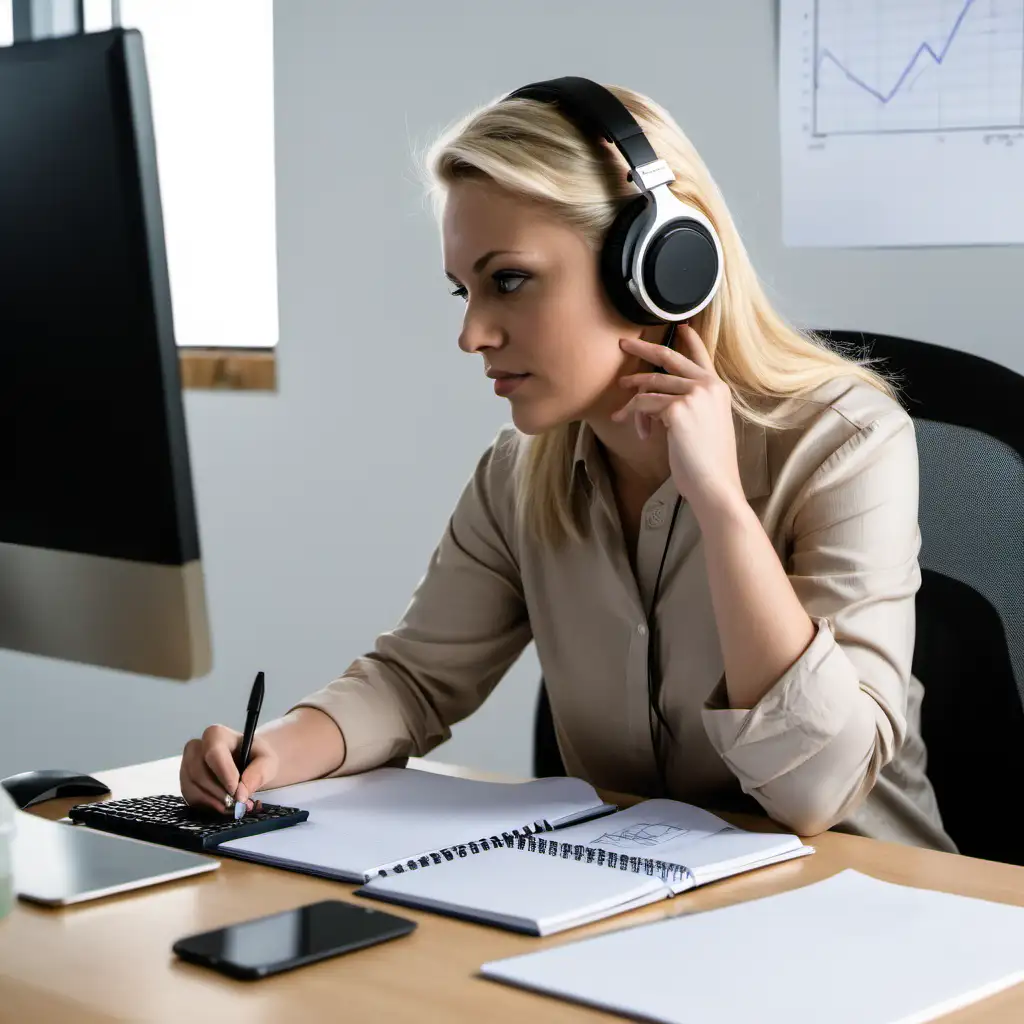 a blond woman sitting on front of computer. She's wearing headphones . she's sitting at a desk and has a note pad next to her. she is listening to something on her headphones and making notes on her note pad. on the computer screen we can some some graphs or someone talking to her
