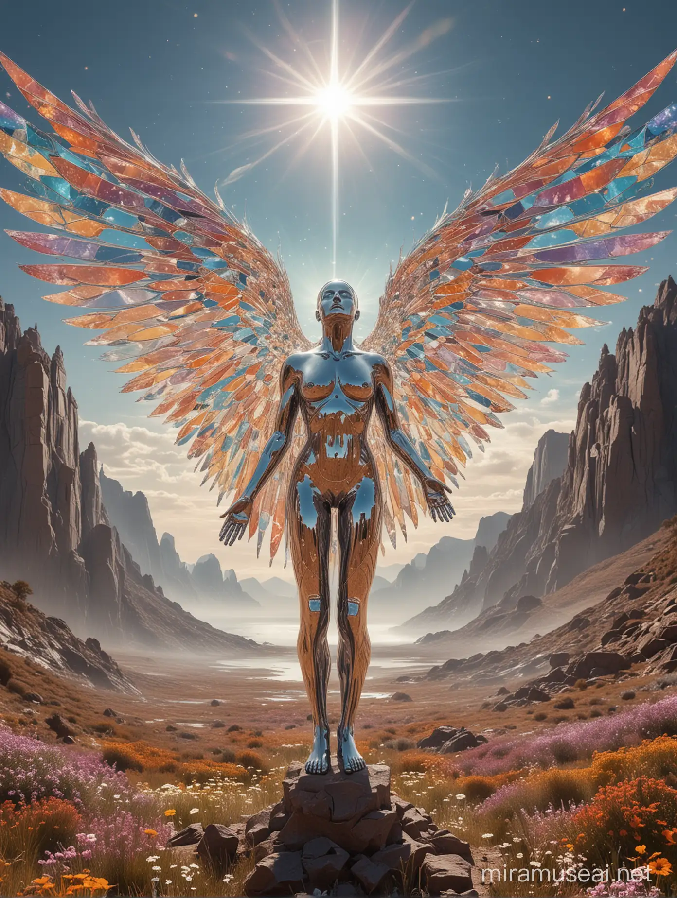 An ethereal (((figure))) with outstretched wings, representing ((foresight)) into the future, standing calmly amidst a (kaleidoscopic landscape symbolizing the mysteries of time and fate) facing front, made of chrome and jelly  poorly drawn face, gibberish, lowres, out of frame, fused, off-centered, uneven, mutilated, poor quality, extra limbs, crosseyed, duplicate, uneven