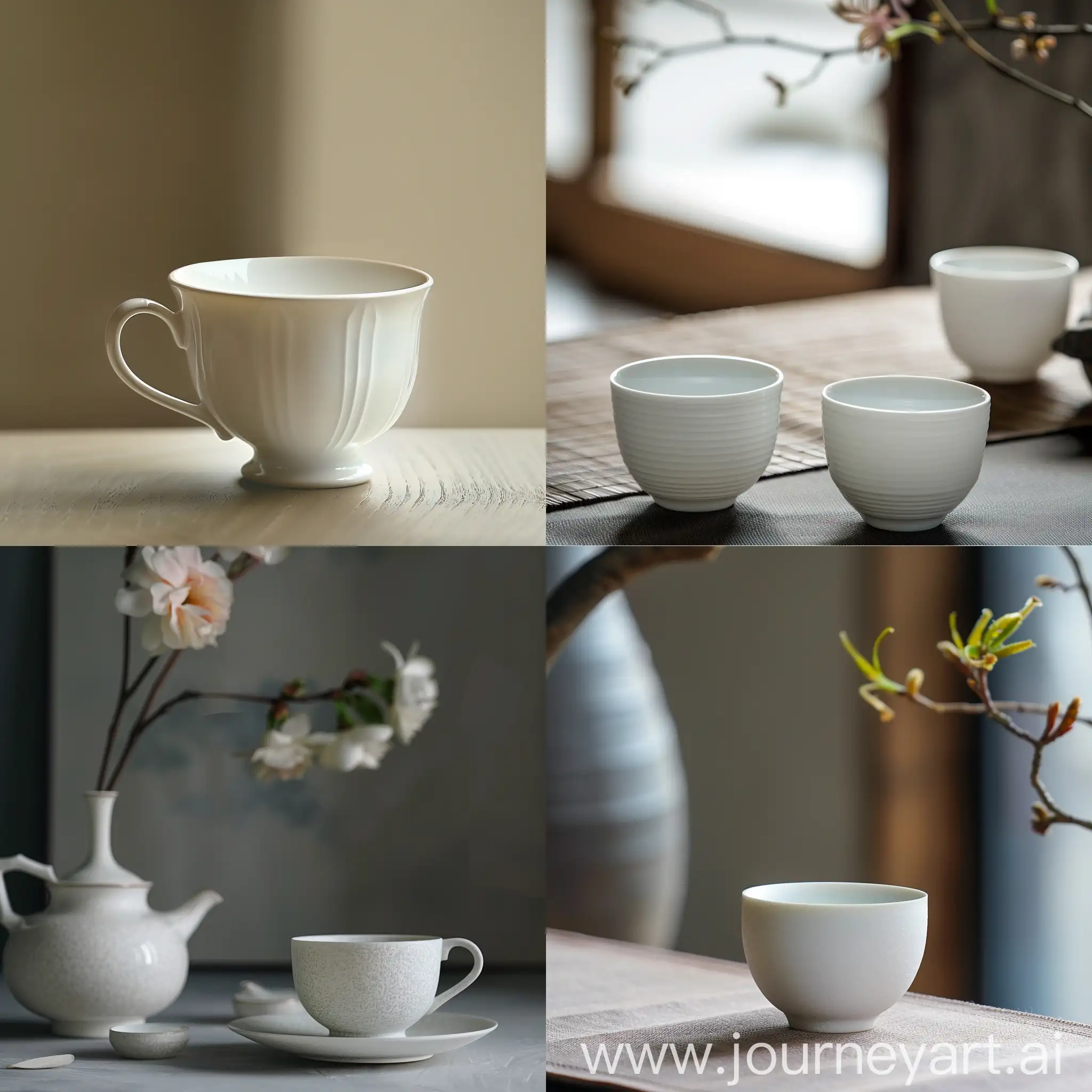 Clean edge textured white tea cup, a Chinese porcelain tea cup placed on the table, realistic