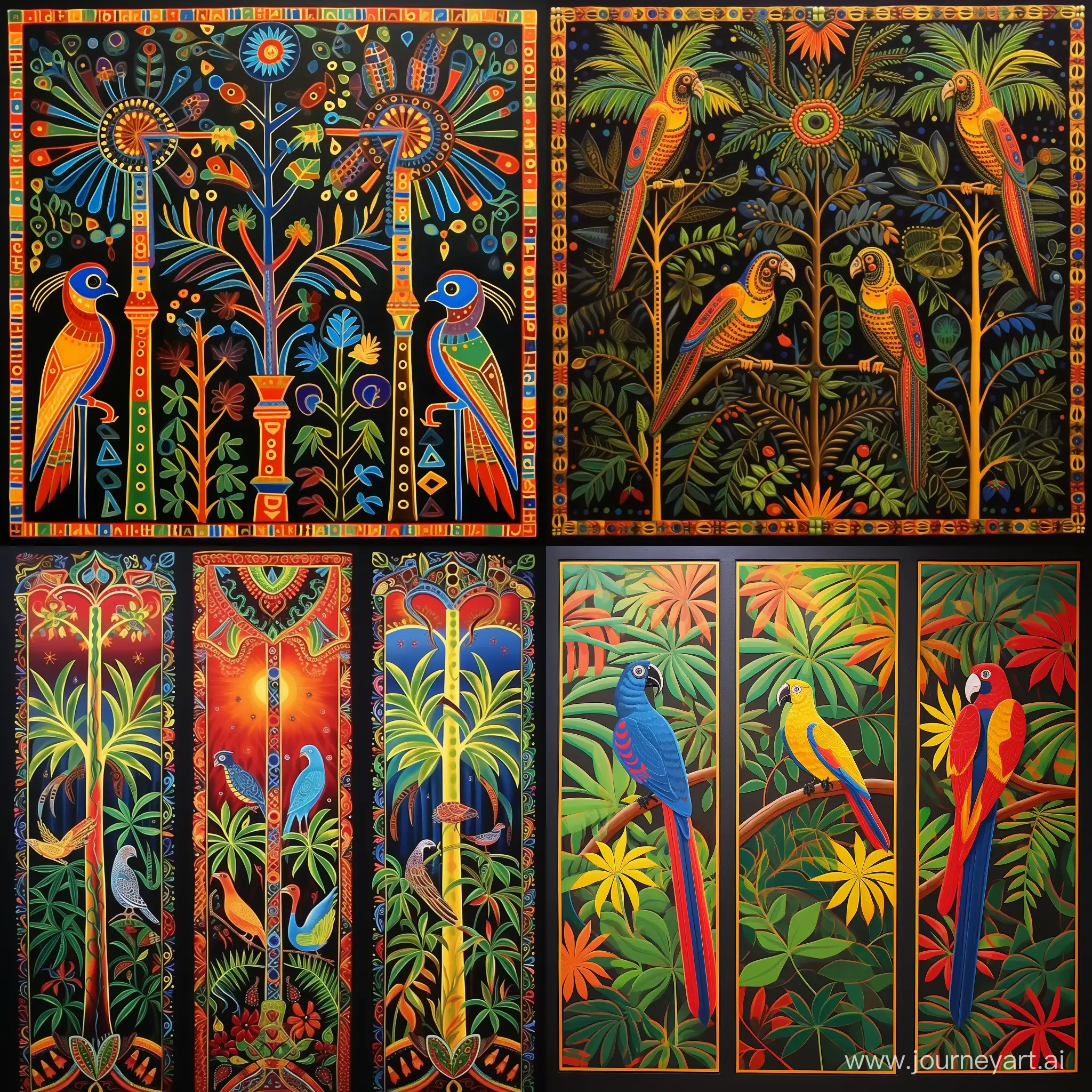 арт полотно  этническое...  три дорожки....   верхняя -  чередование пальм ,  Средняя  попугаи  друг за другом  7 попугаев ... нижняя  узоры африканские  