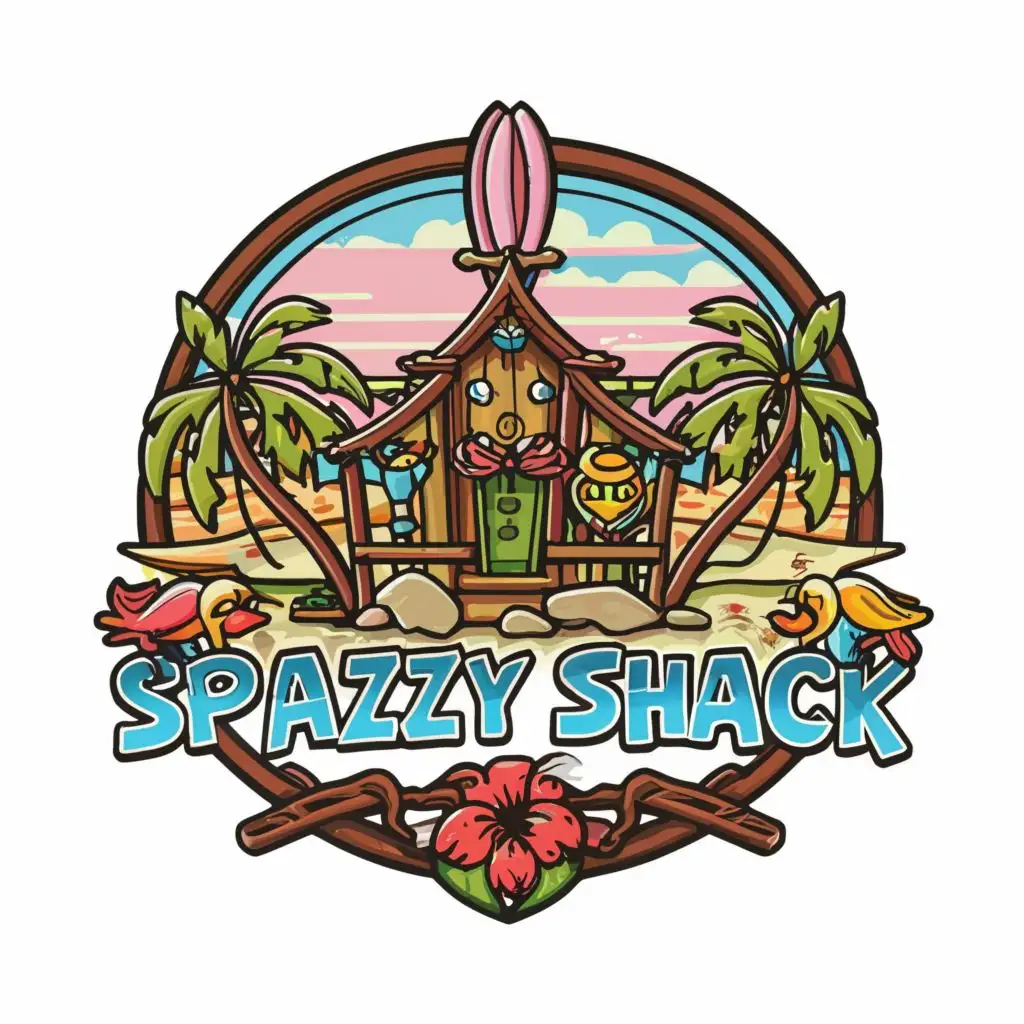 logo, create a logo,  svg beach themed, with the text "Spazzy Shack" typography, with surfboards , birds,  bright vibrant colors . full  color image fill  ,no words.  ultra detailed narrow 3mm outline image, ultra-detailed images with sharp lines and textures, capturing every detail with precision, ultra fine sharp outlined image , no copyright, no watermark, , with the text ".", typography