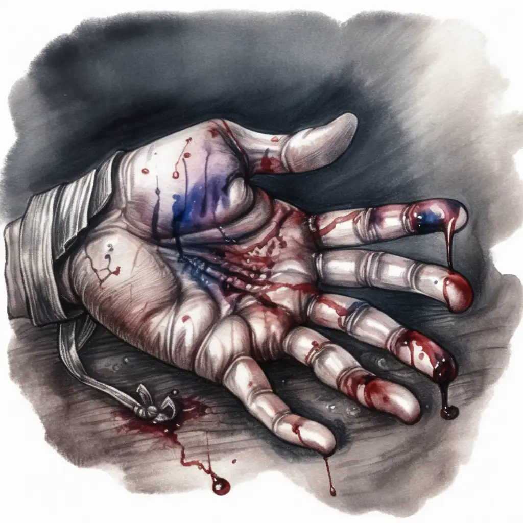 Fantasy Crawling Dirty Severed Hand Art in Dark Watercolor Drawing