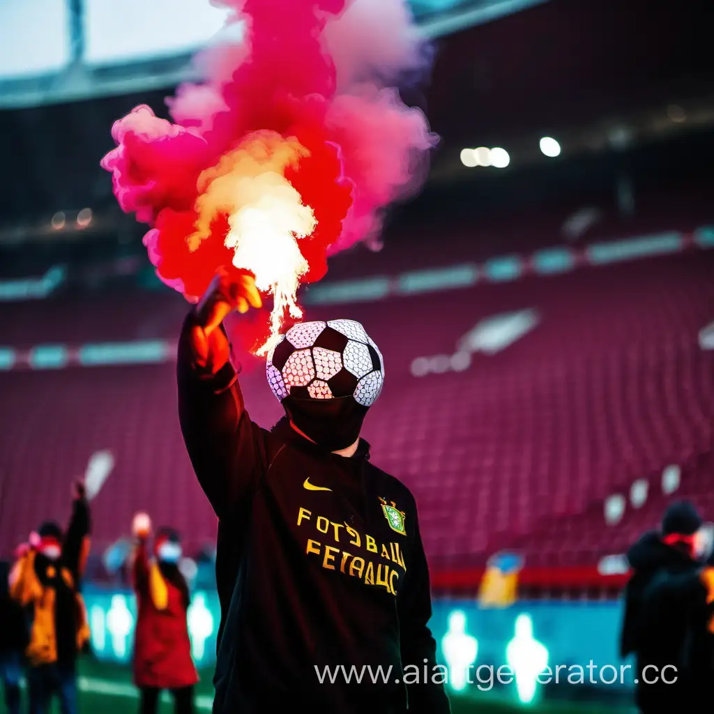 человек в маске футбольный фанат держит в руках фаера на стадионе