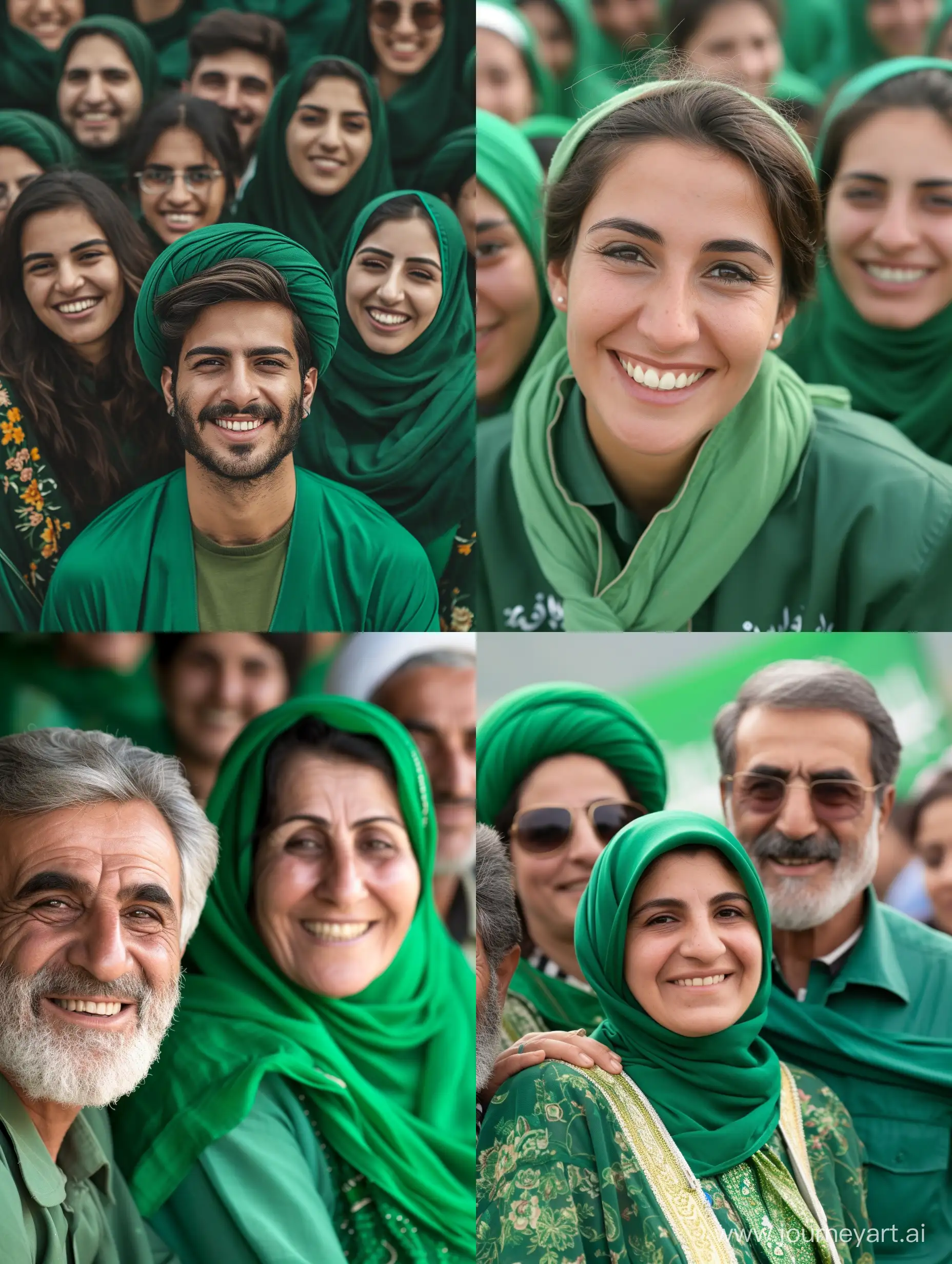 a smiling group of iranian people in green