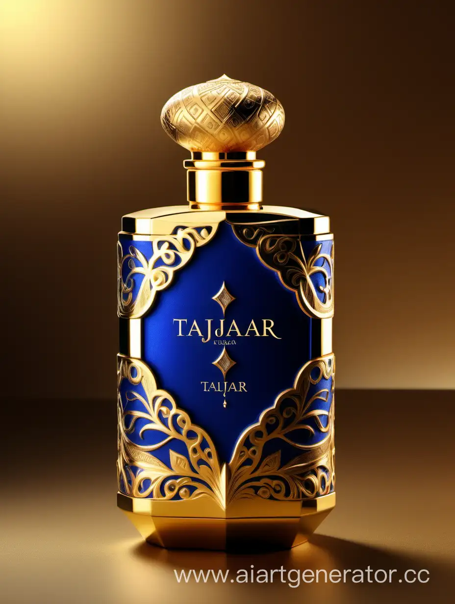 Box package design of perfume TAJDAR product, elegant, trending on artstation,   sharp focus,   studio photo,   intricate details,   highly detailed,   gold, Royal Blue and beige color on gold background