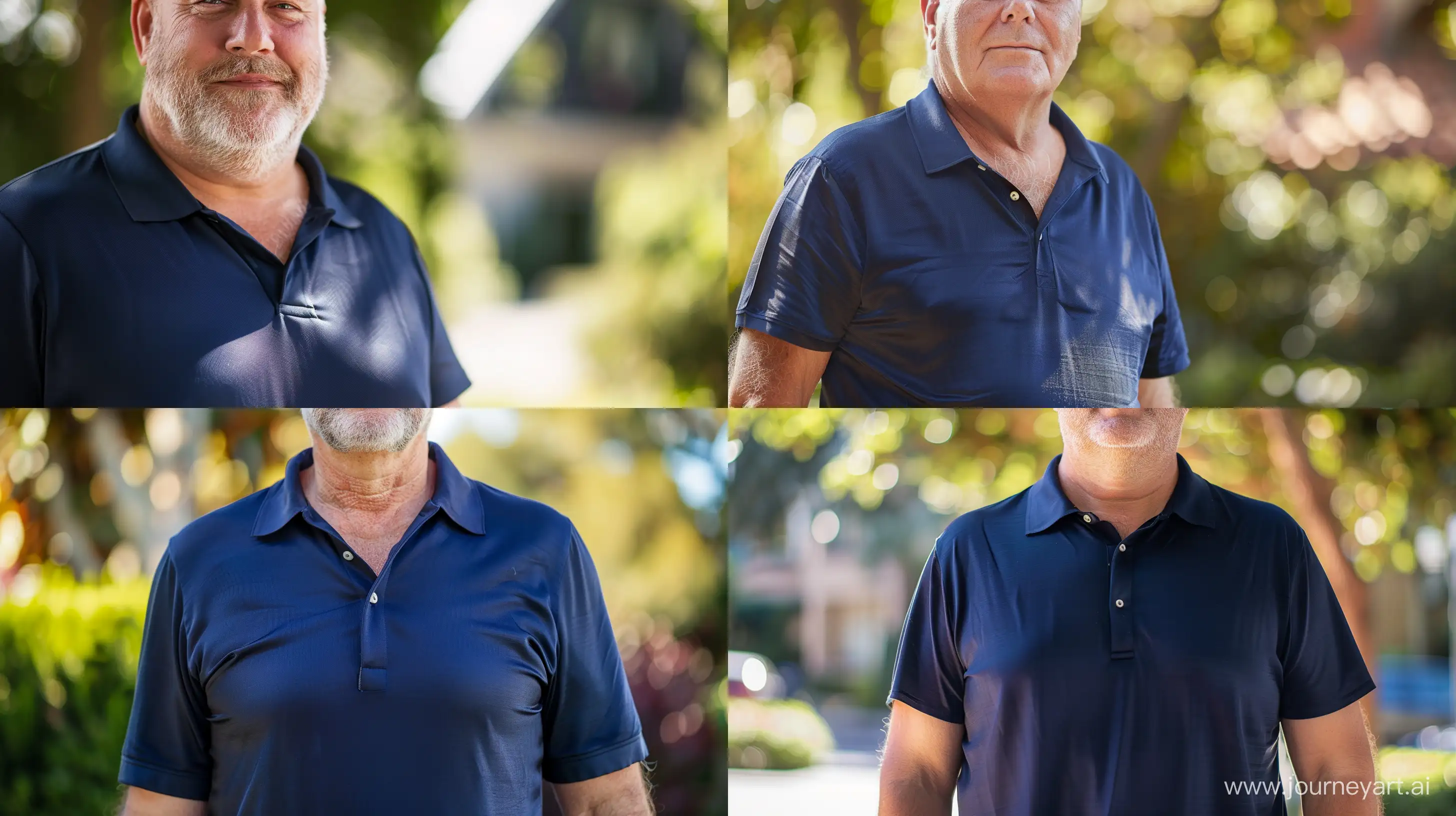 Front view close-up photo of a fat man aged 60 wearing a tucked in silk navy polo shirt. Outside. --style raw --ar 16:9