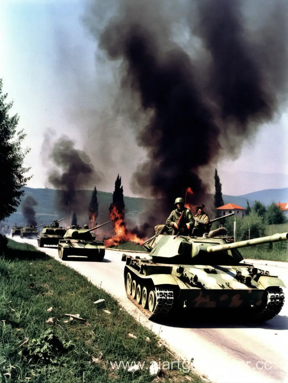 Война в югославии, сербы обороняются от наступающих войск хорватов. Обе стороны несут потери, танки горят, много крови