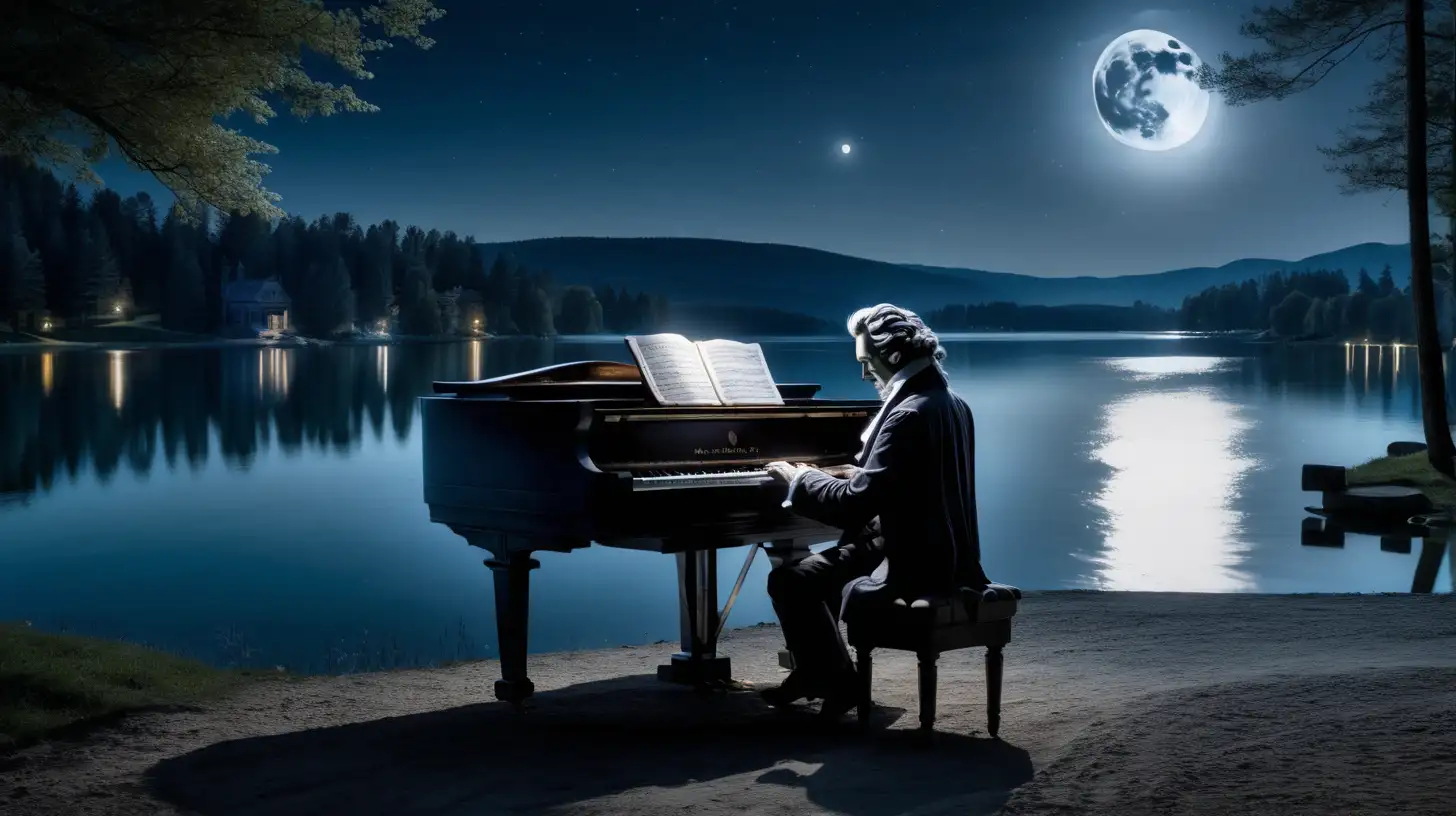 Beethoven Playing Piano by Moonlit Lake