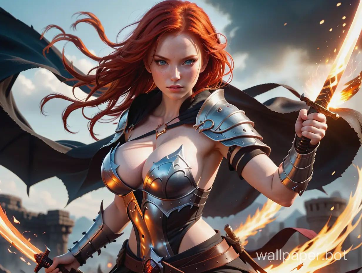 epic battle scene. dark theme. sexy redhead female battle mage, ultra huge breast, pale skin, torn robe and ripped armor, right hand holding katana. left hand casting a spell fire orb. black flame dragon . ultra realistic. flame in sky. full sweaty body. more skimpy armor.
