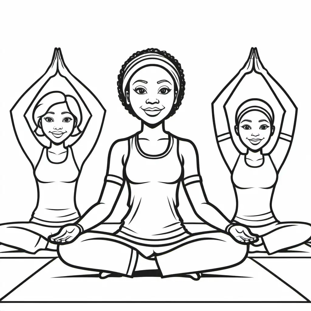 kids colouring page, simple, outline no colour, black lines white background, crisp, african-american, female, yoga instructor teaching adult students