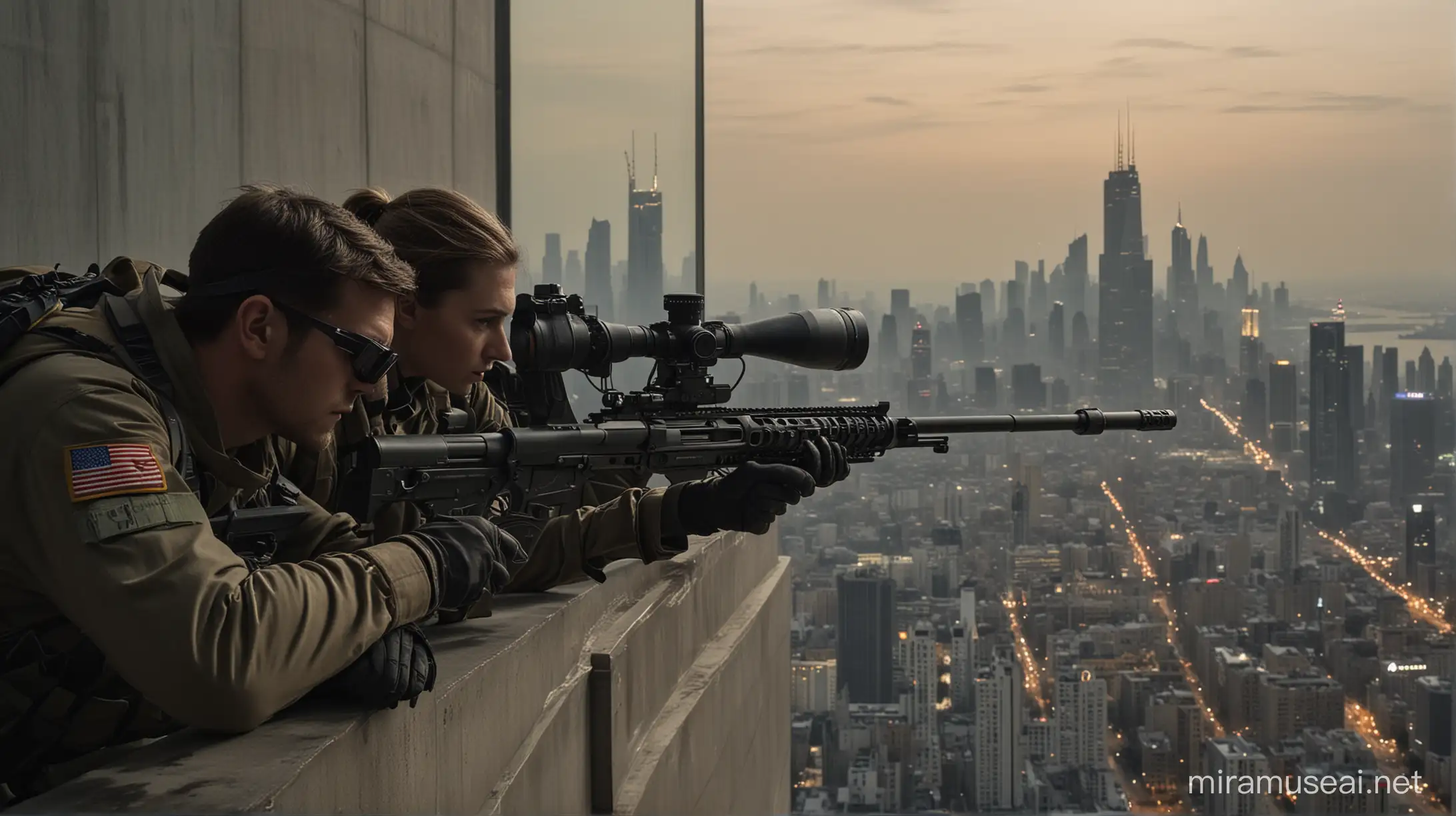 
Sure! Here's a description:

The image depicts a tense urban scene atop a towering skyscraper. In the foreground, a skilled sniper and their spotter are positioned, their gear meticulously arranged as they peer through high-powered scopes. The sniper, cloaked in camouflage, adjusts their position while the spotter maintains a vigilant gaze, ready to relay critical information.

In the background, three lookout team members stand at various vantage points along the building's edge, their eyes scanning the city below for any signs of trouble. Despite the bustling cityscape below, their focus remains unwavering, a testament to their dedication to the mission at hand.

The image centers on a dimly lit room nestled within the upper levels of a towering skyscraper. Two figures, a sniper and their spotter, occupy the foreground, their tense expressions illuminated by the glow of computer screens and tactical equipment. The sniper, positioned with precision, adjusts their rifle while the spotter maintains a vigilant watch, their eyes fixed on a distant target.

In the background, three additional team members stand at attention, their silhouettes framed against the panoramic view of the city skyline beyond floor-to-ceiling windows. Despite the luxurious surroundings of the room, the atmosphere is charged with anticipation, the team's focus unwavering as they await the signal to act.

Beyond the glass, the facade of a grand hotel shimmers in the evening light, its opulent exterior a stark contrast to the covert operations unfolding within the confines of the skyscraper. The juxtaposition of the team's intense concentration against the backdrop of urban elegance hints at the high-stakes nature of their mission, poised on the razor's edge between secrecy and visibility.