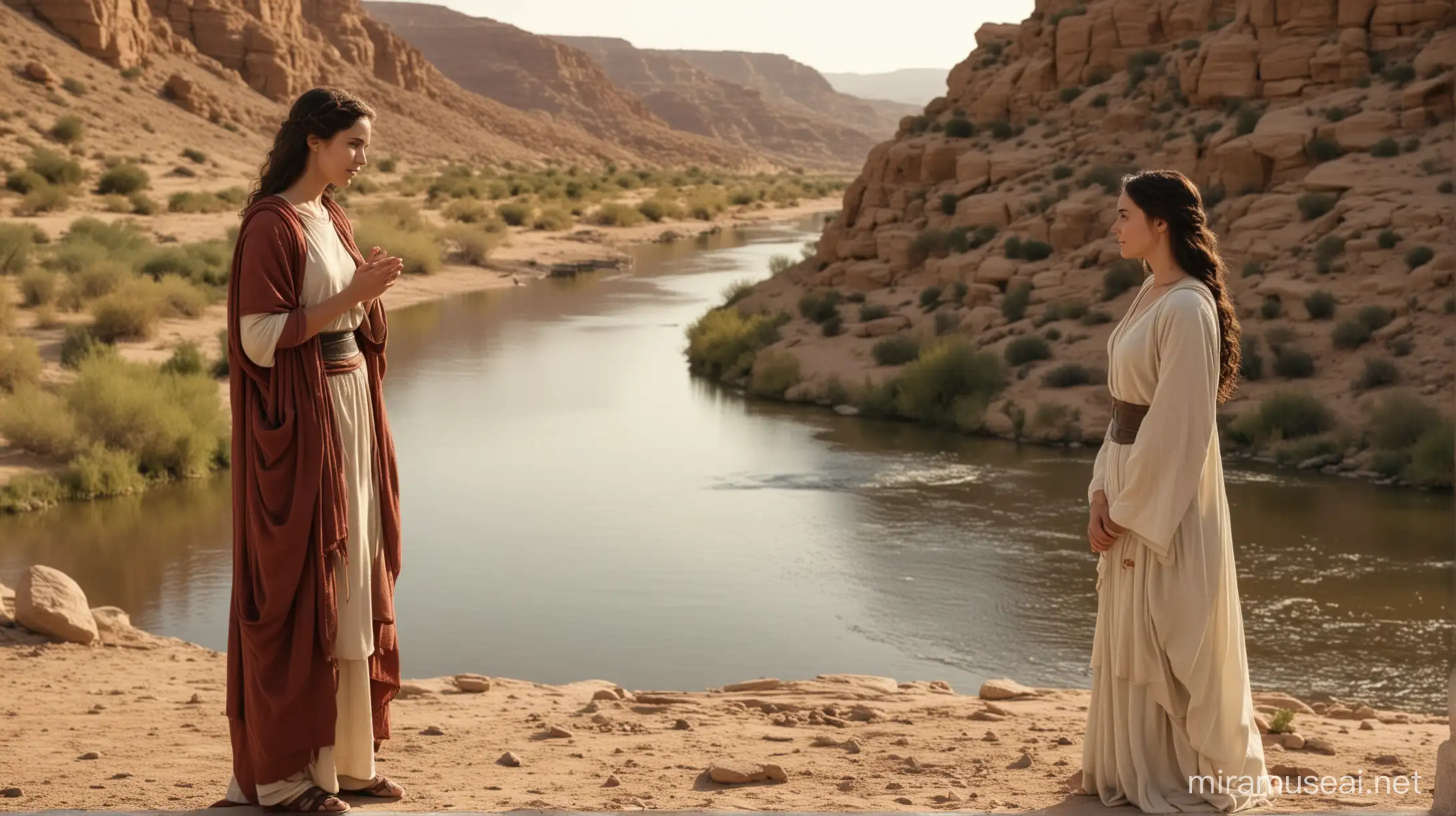 An angle of the Lord talks to a young attractive woman near a river, in the biblical era set in the desert area