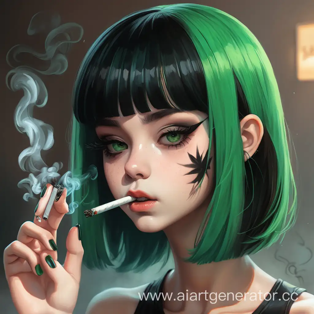 девушка с чёрно зелёным сплитом волосами курит грустно