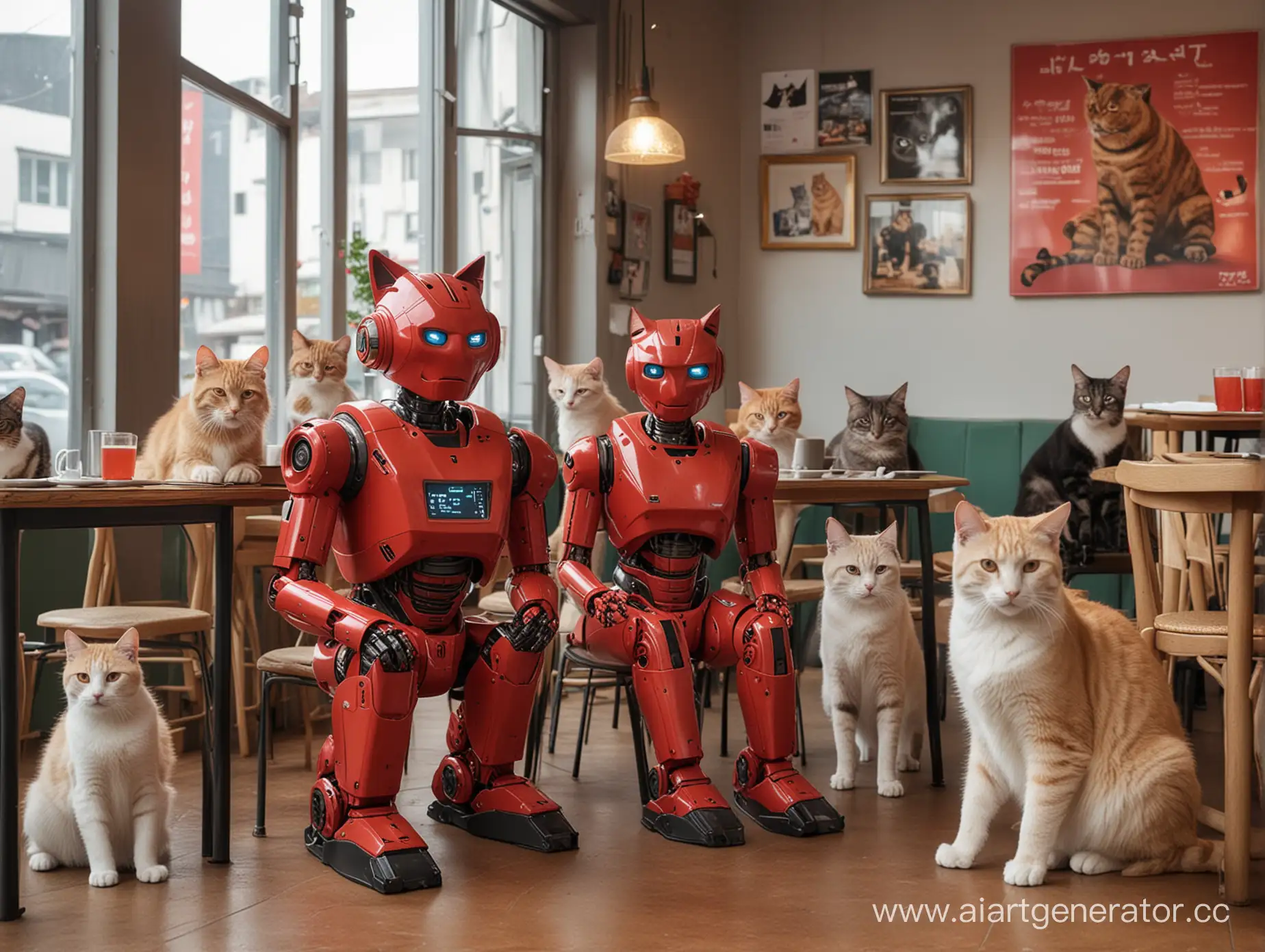 Красный робот сидит в окружении разных котов и кошек в кафе