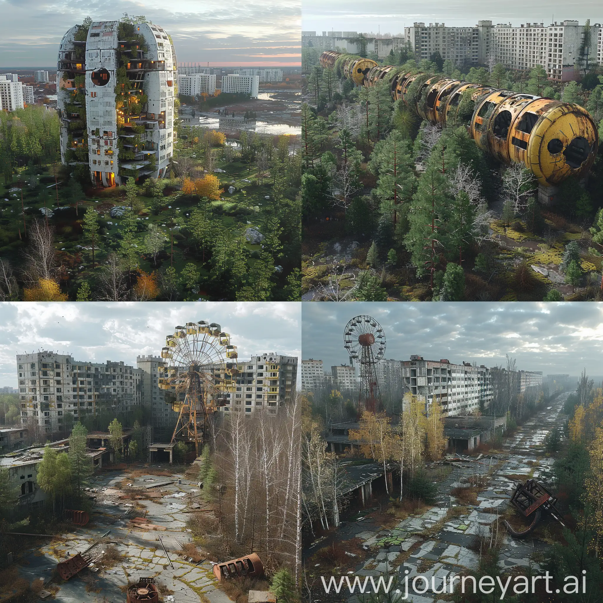 Futuristic Chernobyl https://s0.rbk.ru/v6_top_pics/media/img/0/40/756193529493400.jpg, Solar Panels, Green Roofs, Wind Turbines, Hydroponic Farming, Electric Transportation, Sustainable Materials, Sustainable Materials, Green Spaces, Energy-Efficient Buildings, Waste Management, Smart Grid Technology, Advanced Nuclear Reactors, Artificial Intelligence (AI) Monitoring Systems, Virtual Reality (VR) Training Simulations, Robotics and Drones, Bioremediation Technologies, 3D Printing Construction, Quantum Computing, Energy Storage Systems, Blockchain Technology, Nanomaterials for Radiation Protection, Nanosensors for Environmental Monitoring, Nanocatalysts for Water Purification, Nanomembranes for Filtration, Nano-Enabled Soil Remediation, Nanoparticle-Based Energy Storage, Nanoscale Coatings for Building Protection, Nanomedicine for Health Monitoring, Nanorobots for Site Cleanup, Nanotechnology-Enhanced Agriculture, octane render --stylize 1000